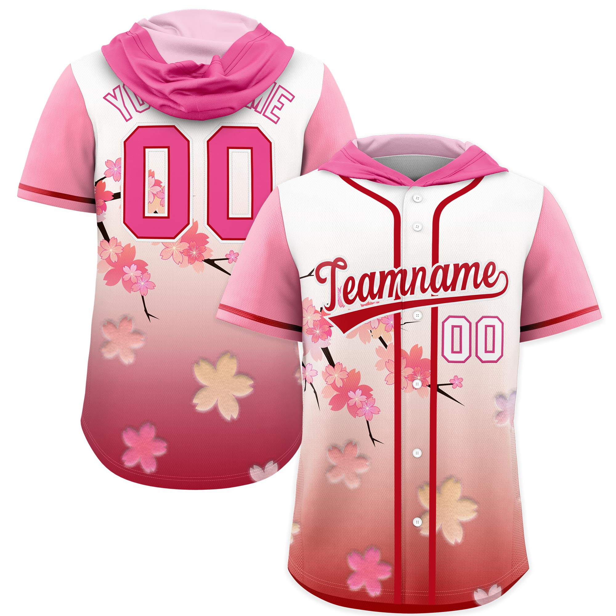 Benutzerdefiniertes Kirschblüten-Raglanärmel-atmungsaktives Baseball-Kapuzentrikot Benutzerdefiniertes Kirschblüten-Raglanärmel-atmungsaktives Baseball-Kapuzentrikot