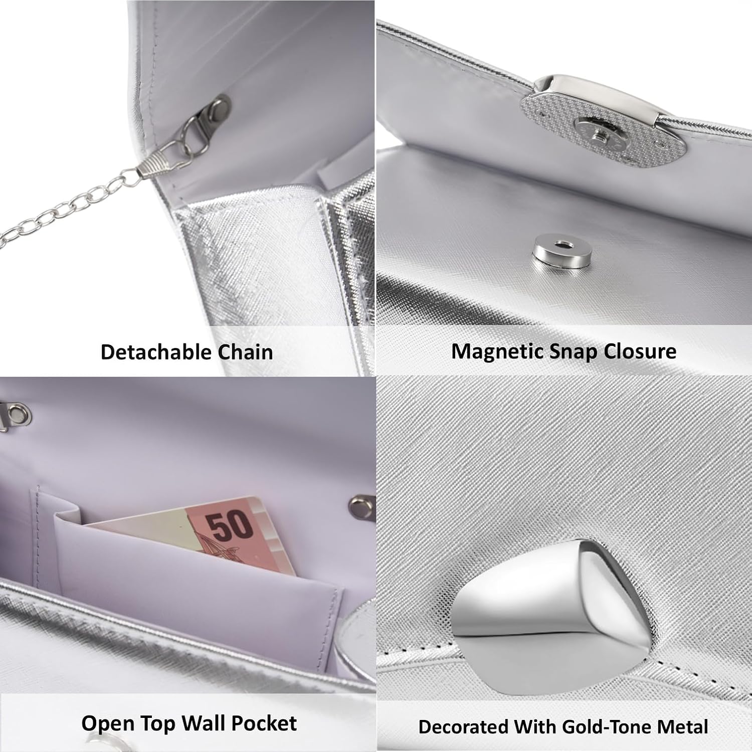 Women's Silver Top Handle Clutch with Chain Strap