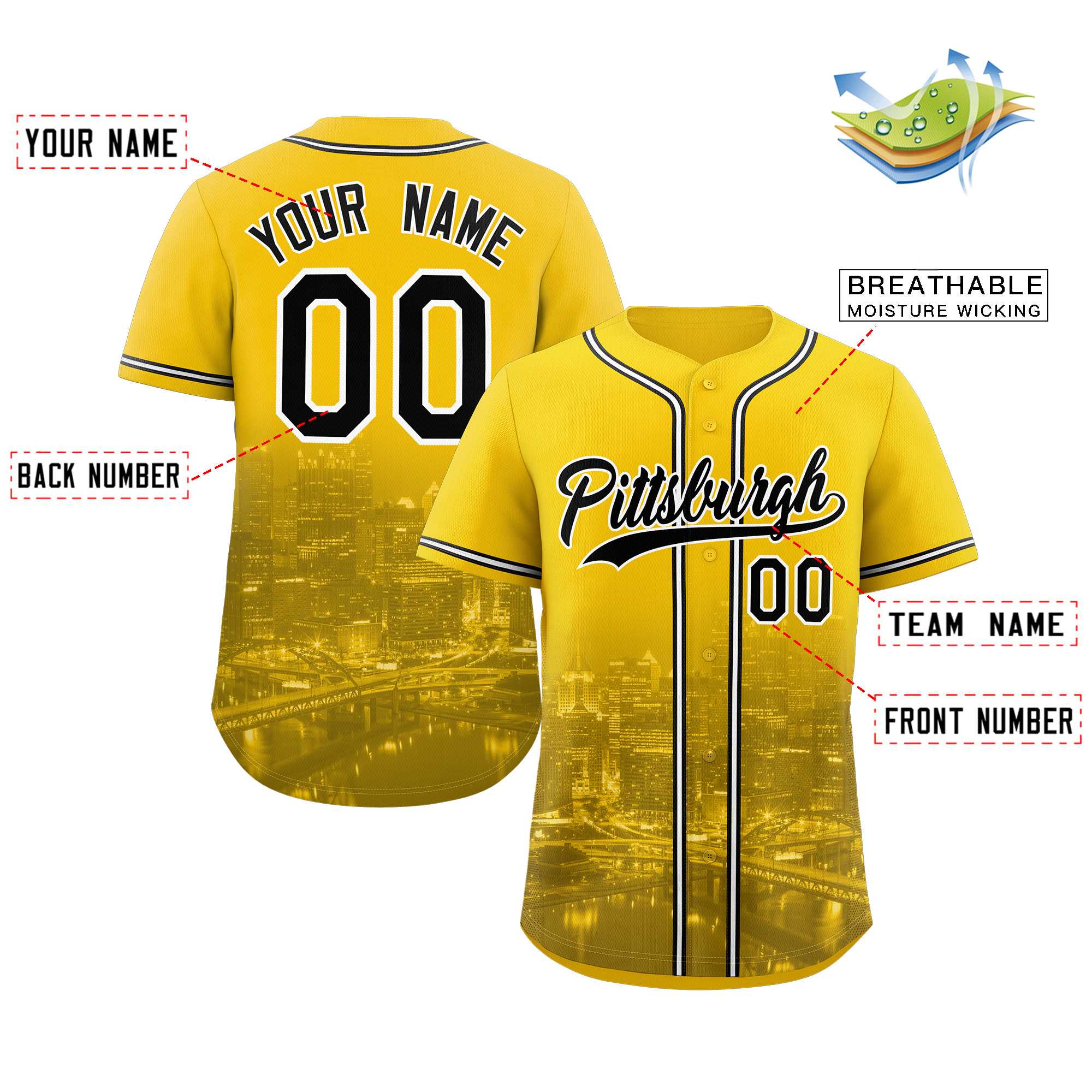 Benutzerdefiniertes Pittsburgh City Skyline Baseball-Trikot Benutzerdefiniertes Pittsburgh City Skyline Baseball-Trikot