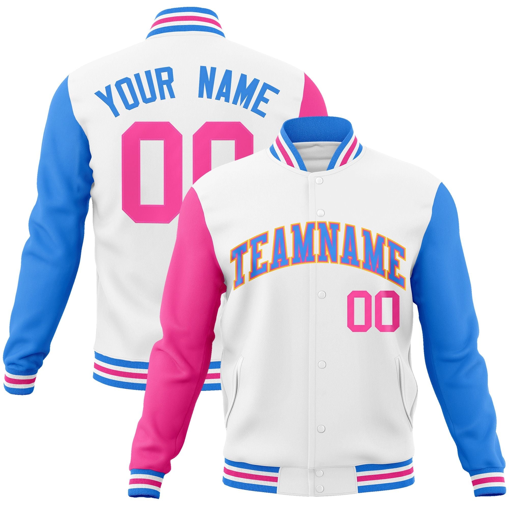 Custom Powder Blue-Pink Raglan Sleeves Varsity Full-Snap Letterman Jacket