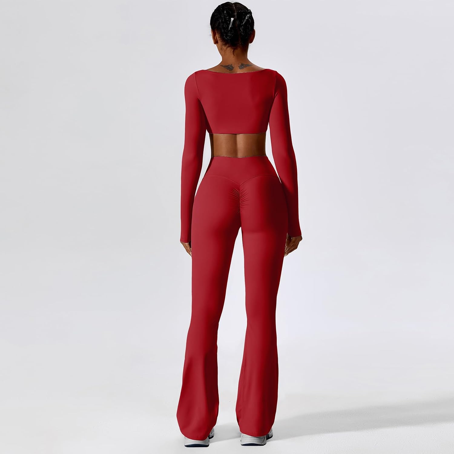 Women's Square Neck Crop Top Flare Leggings Set Red