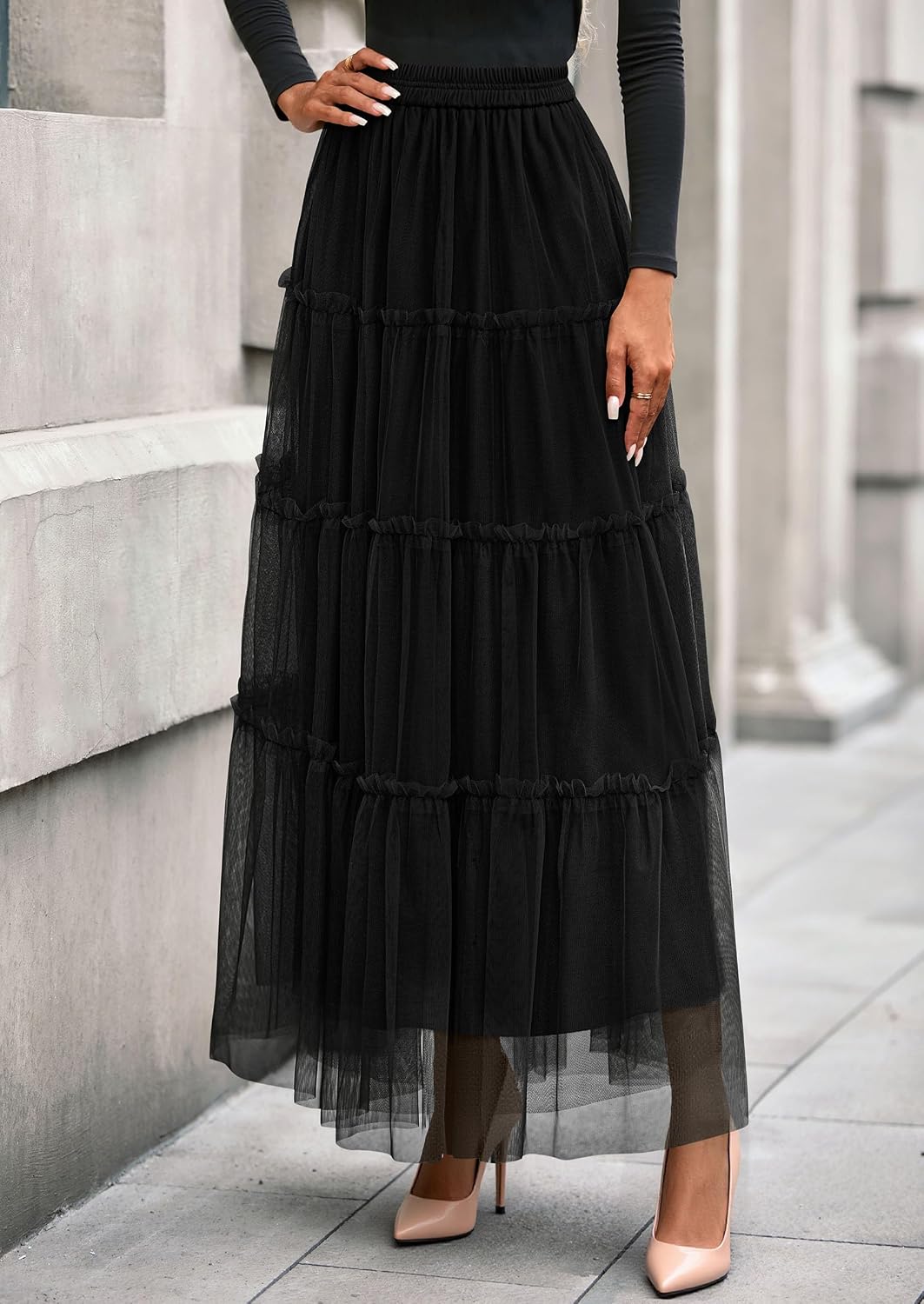 Women's Tulle Tiered Maxi Skirt Elastic Waist Black