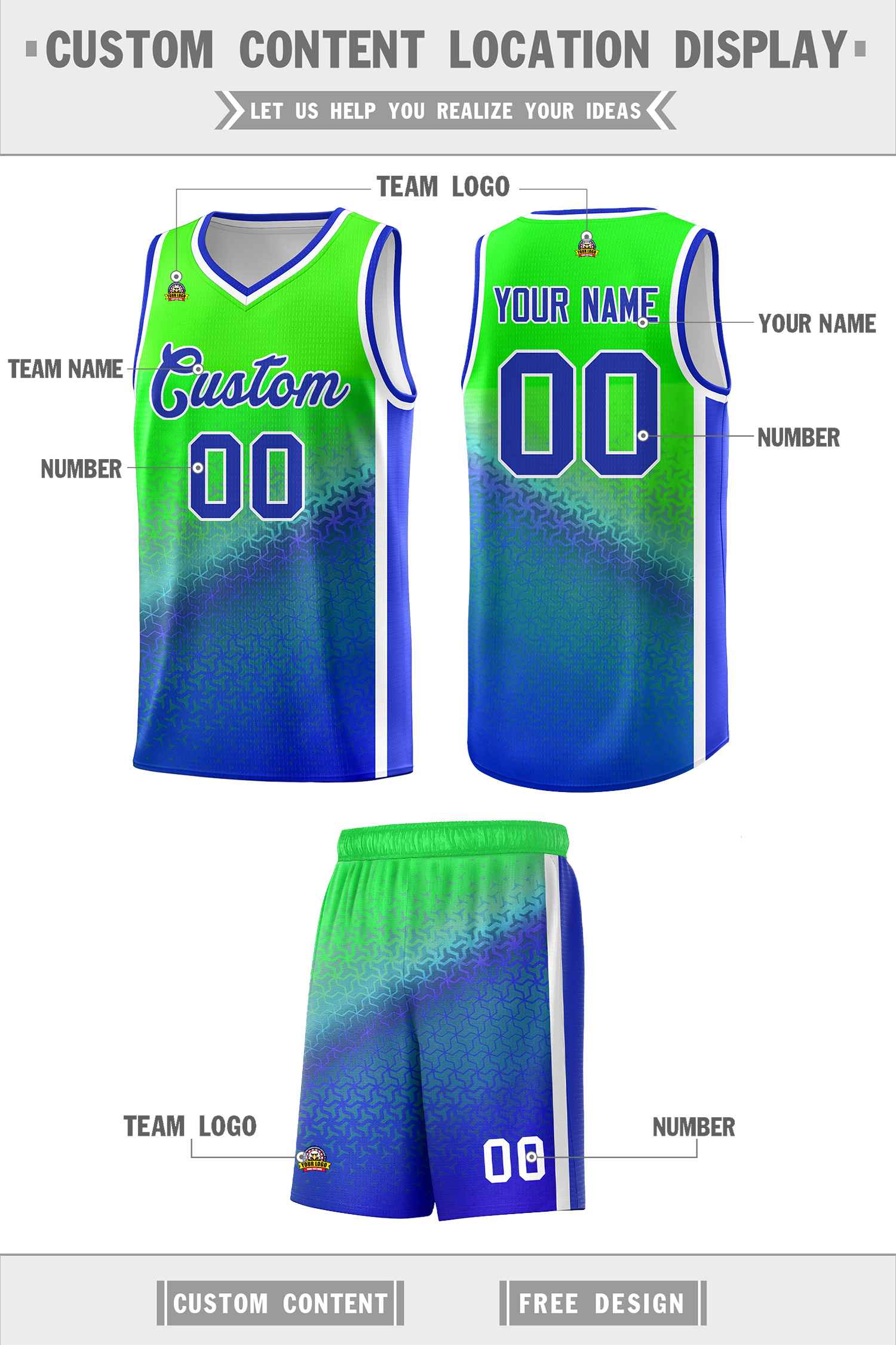 Benutzerdefinierte fluoreszierende grüne Royal Gradient Design unregelmäßige Formen Muster Sport Uniform Basketball Jersey