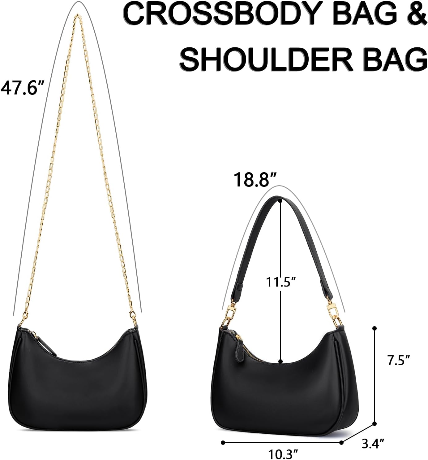 Women's Black PU Shoulder Bag Detachable Chain Strap