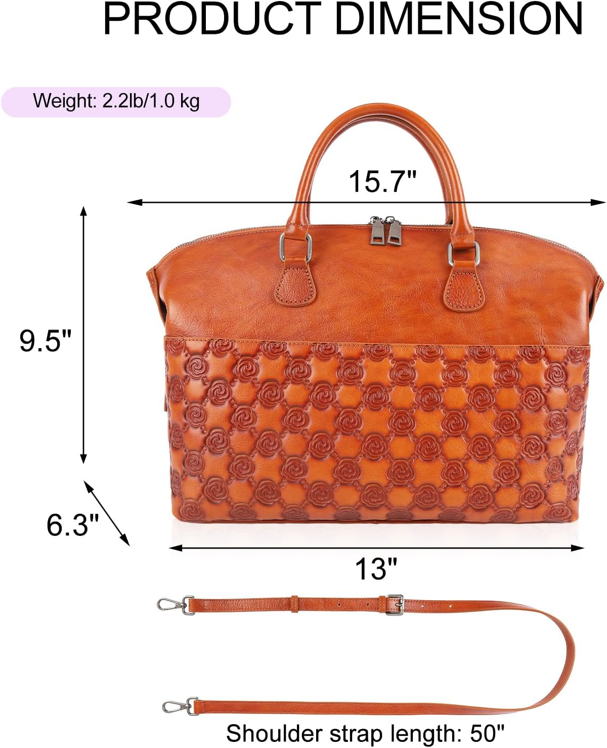 Women's Embossed Genuine Leather Boston Handbag, Brown