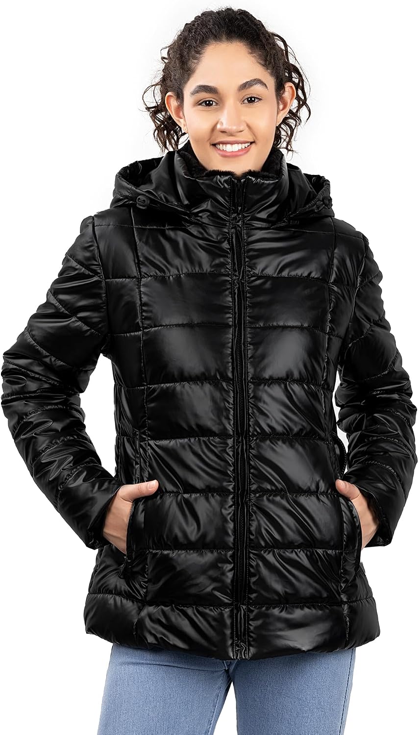 Women's Short Quilted Puffer Jacket Fleece Lined Hood Black