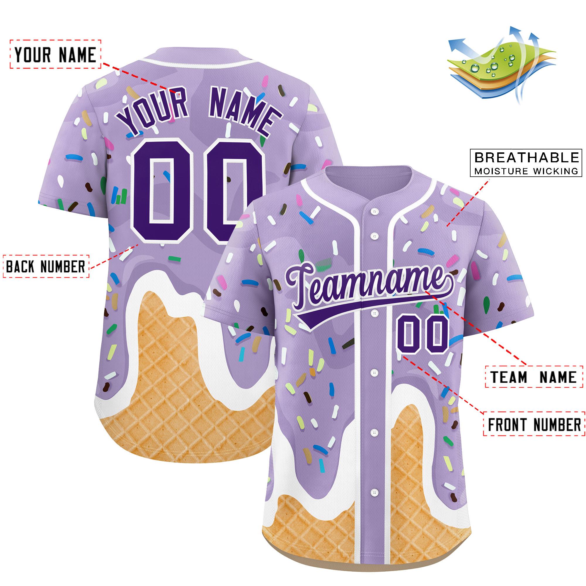 Benutzerdefiniertes hellviolettes Eistüte-Graffiti-Muster, modisches, authentisches Baseball-Trikot Benutzerdefiniertes hellviolettes Eistüte-Graffiti-Muster, modisches, authentisches Baseball-Trikot