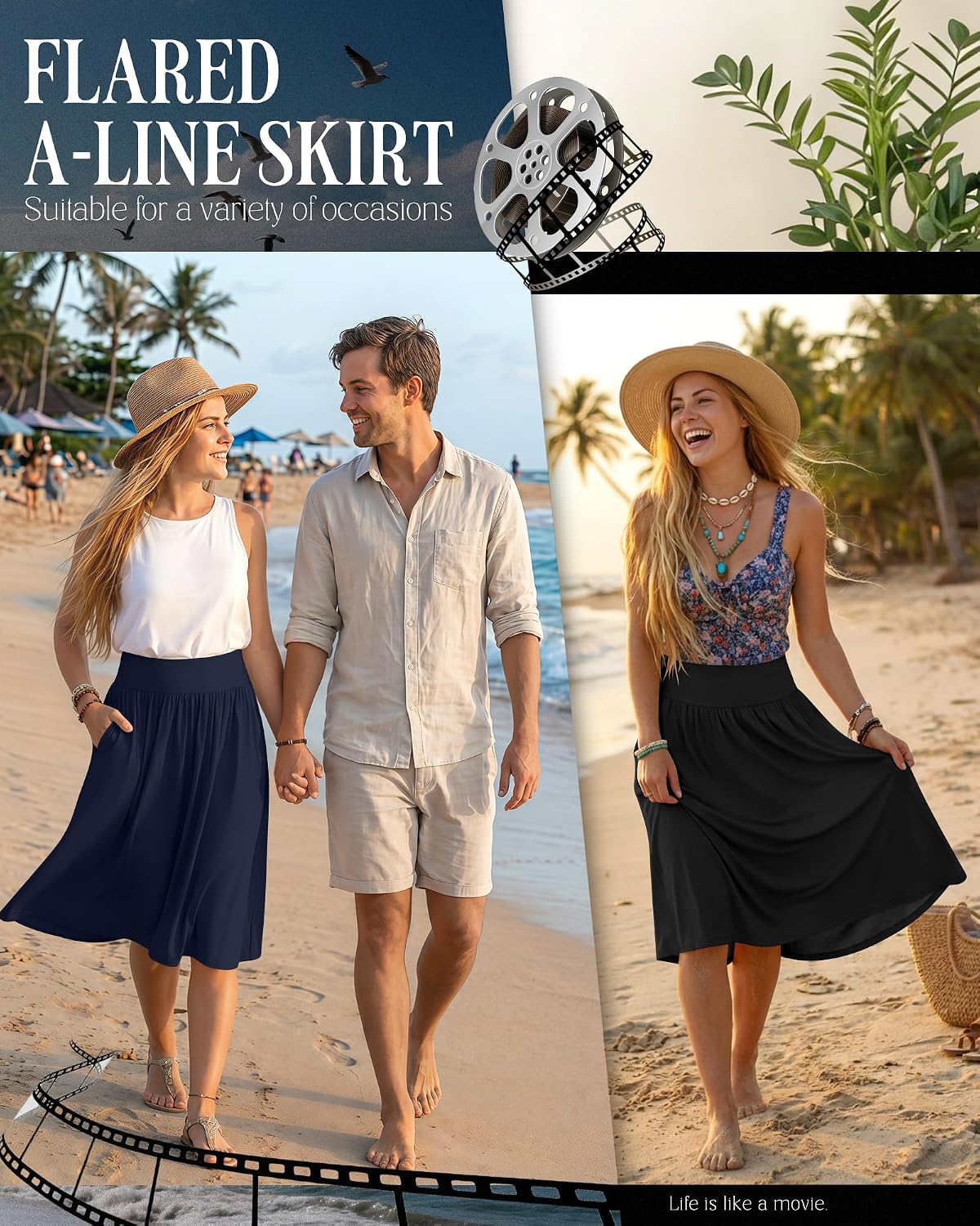 3 Packs Women's Knee Length Casual Skirts with Pockets, Flared High Waisted Midi Pleated Flowy a Line Summer Skirts