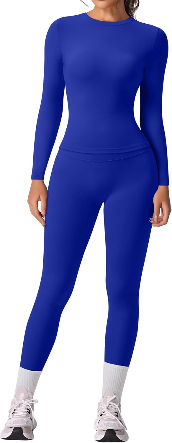 Slim Fit Workout Sets for Women 2 Piece Hidden Scrunch Leggings Long Sleeve Yoga Tops Matching Set Gym Outfits