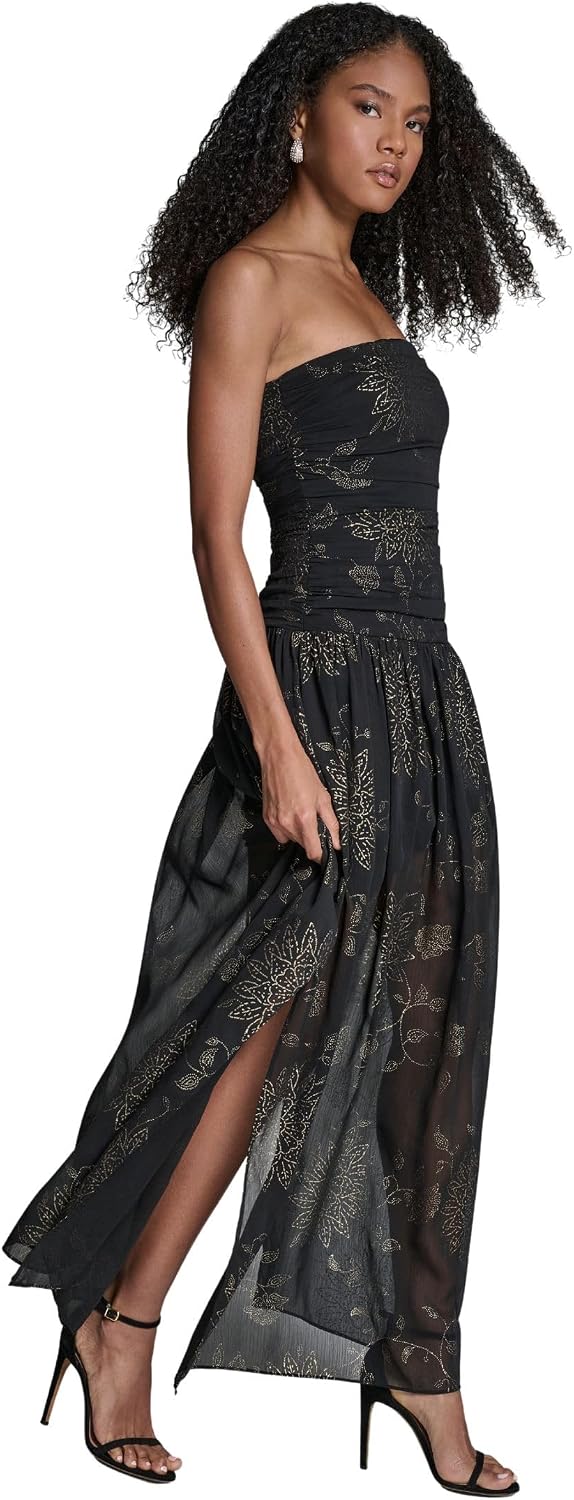 Women's Strapless Round Neck Floral Drop Waist Maxi Dress