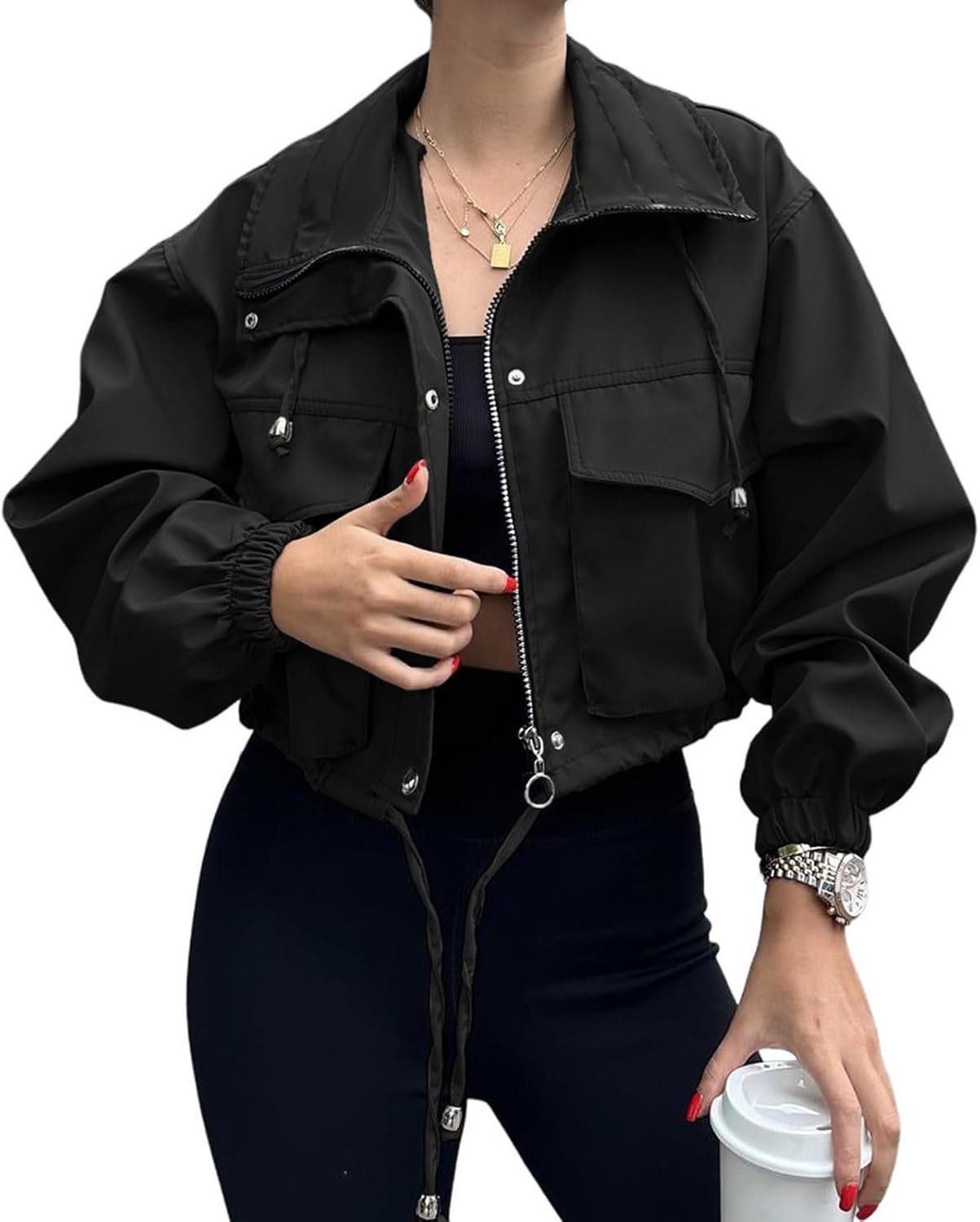 Women's Cropped Utility Jacket Stand Collar Big Flap Pockets Long Sleeve Zip Up Oversized Streetwear Outer Coat
