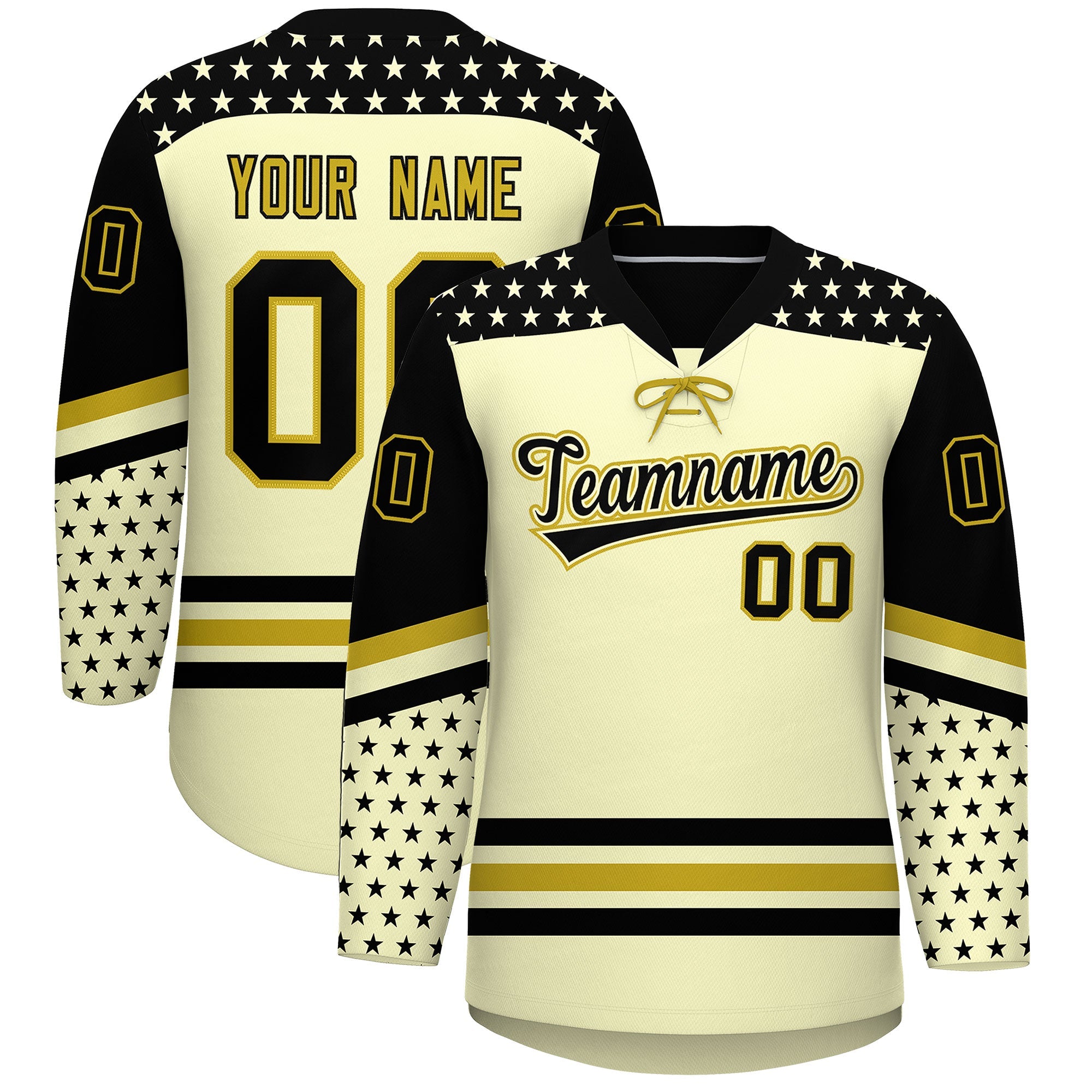 Custom Cream Black Old Gold Star Series Personalization Lace-Up Neck Hockey Jersey