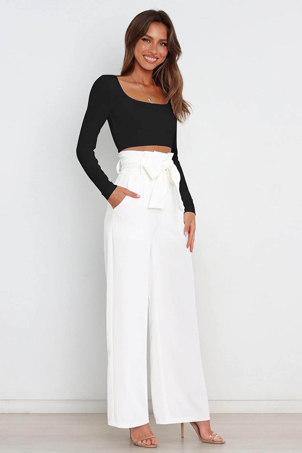 Womens Flowy Wide Leg Dress Pants High Waist Belted Business Casual Palazzo Work
