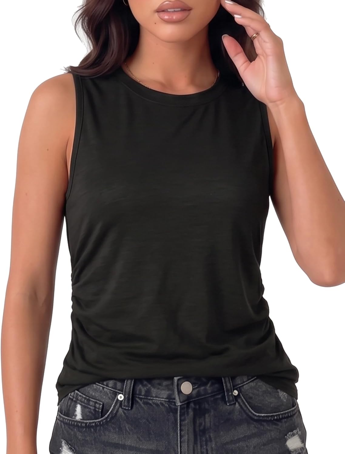 Women's Crewneck Ruched Side Loose Fit Tank, Olive