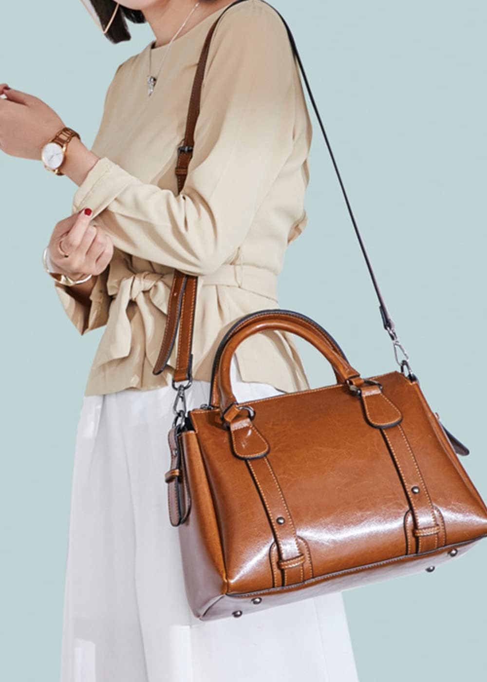 Women's Glossy Oil-Tanned Leather Top Handle Satchel Tan Women's Glossy Oil-Tanned Leather Top Handle Satchel Tan
