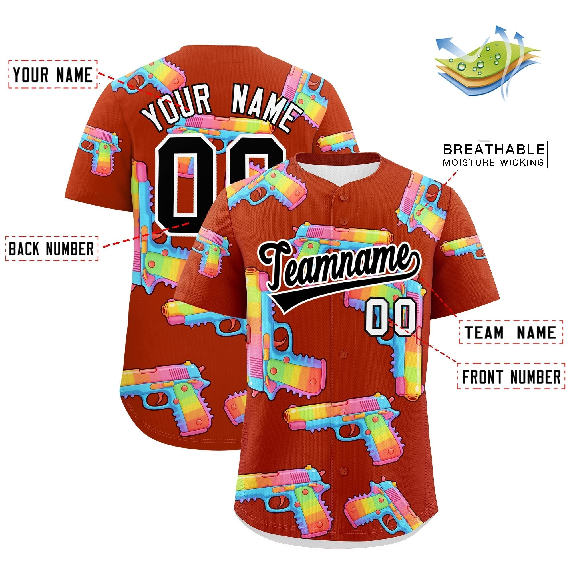 Benutzerdefiniertes atmungsaktives Baseball-Trikot mit dunkelorange-schwarzem, mit Zucker überzogenem Firepower-Graffiti-Muster