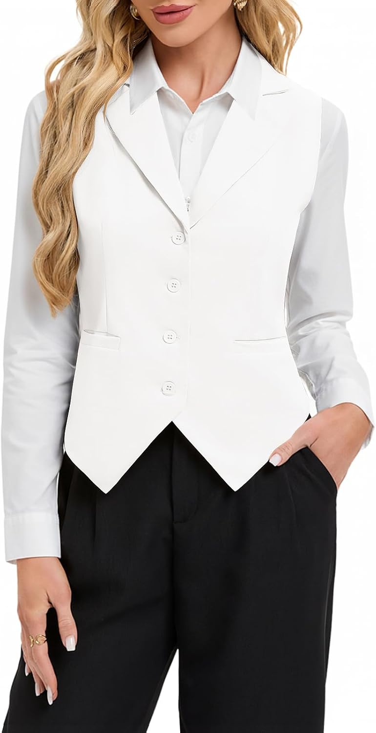 Women's Button Front Waistcoat Notch Lapel Sleeveless White Vest