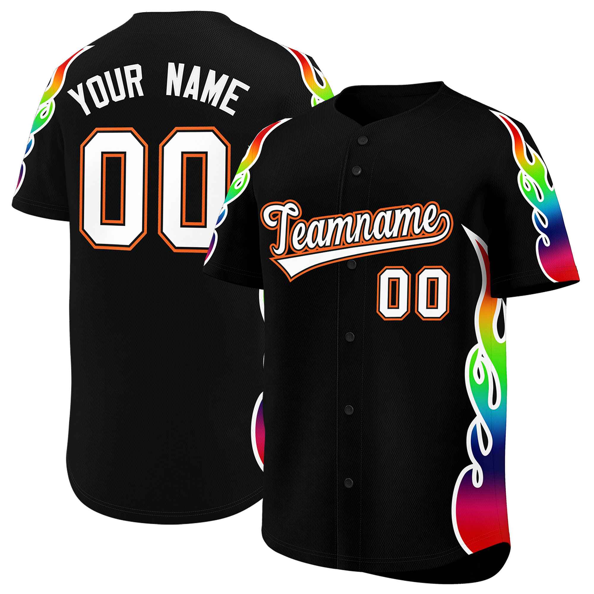 Benutzerdefiniertes Graffiti-Muster, personalisierter mehrfarbiger Flammendruck, authentisches Baseball-Trikot