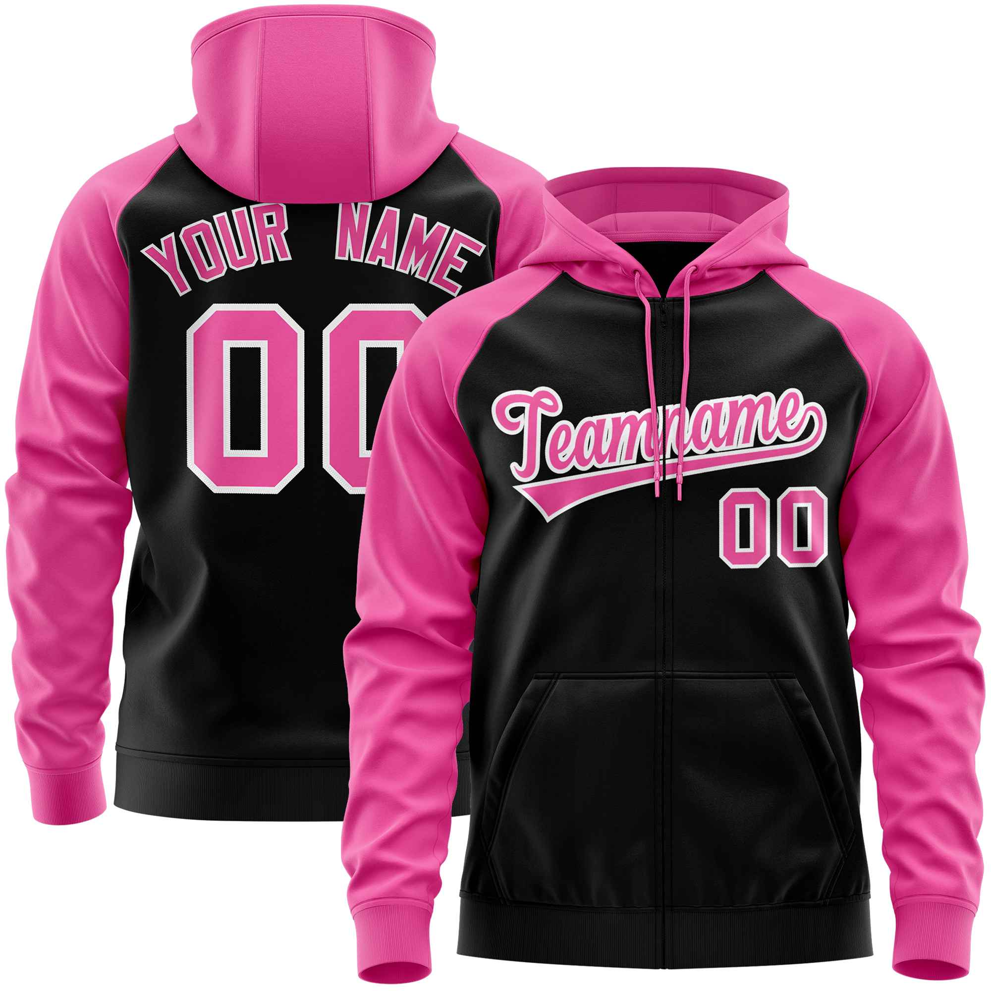 Individuell genähter Sport-Sweatshirt-Hoodie mit Raglanärmeln in Schwarz und Rosa