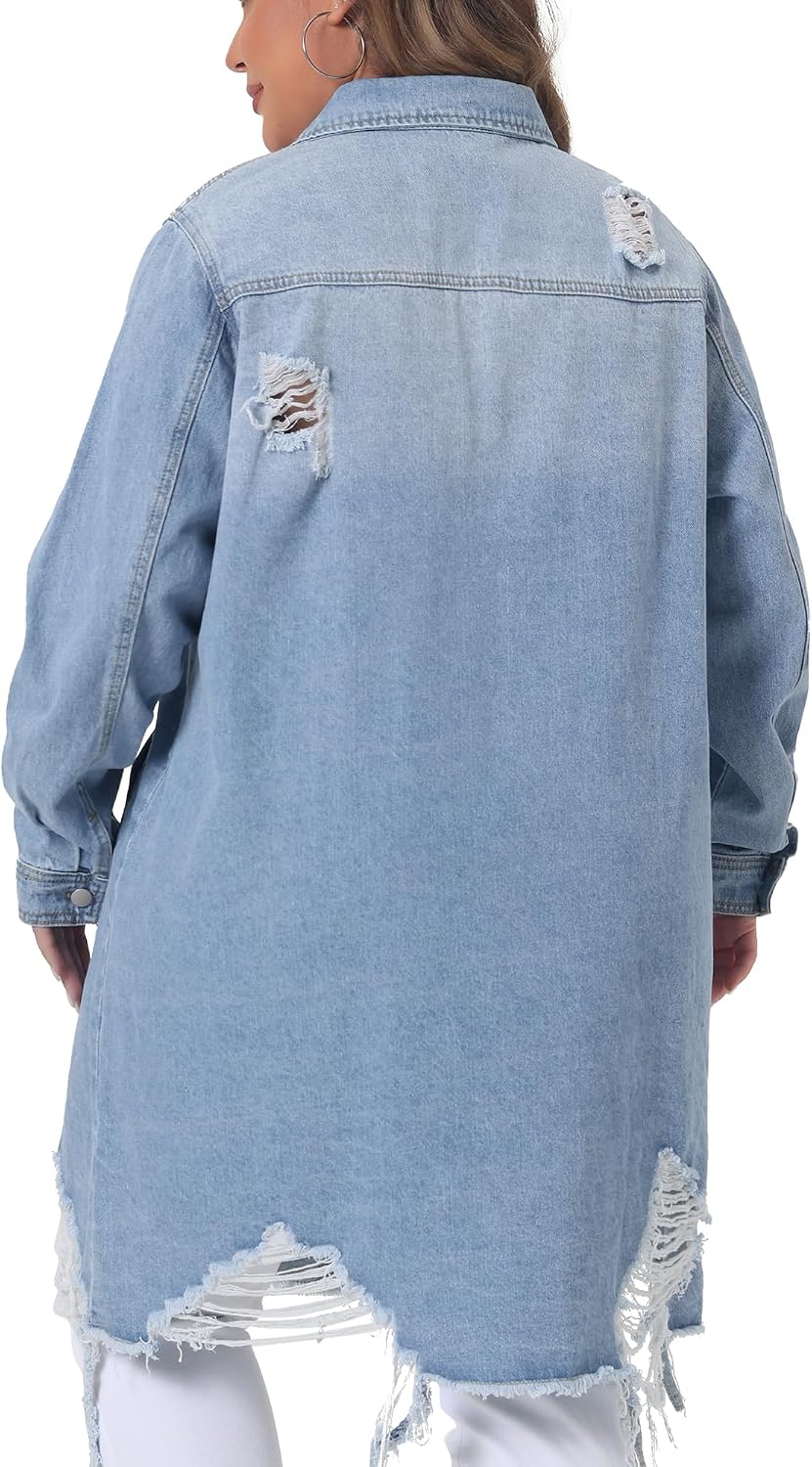 Women's Plus Size Distressed Long Denim Jacket Frayed Hem