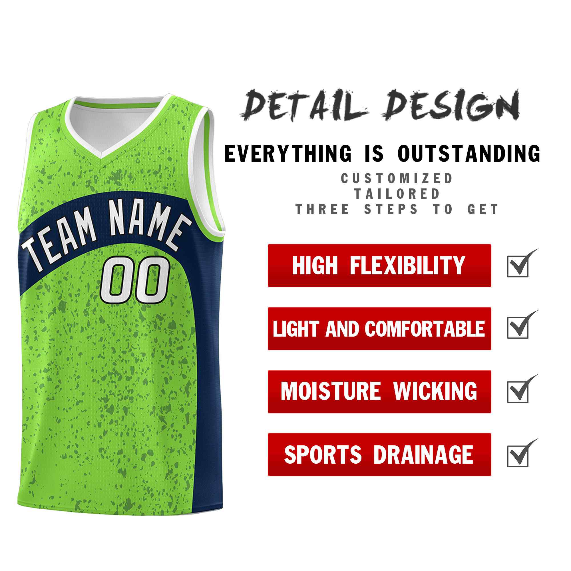 Benutzerdefiniertes fluoreszierendes grünes Marine-Punkt-Graffiti-Muster mit unregelmäßigen Teamnamen Sportuniform-Basketballtrikot
