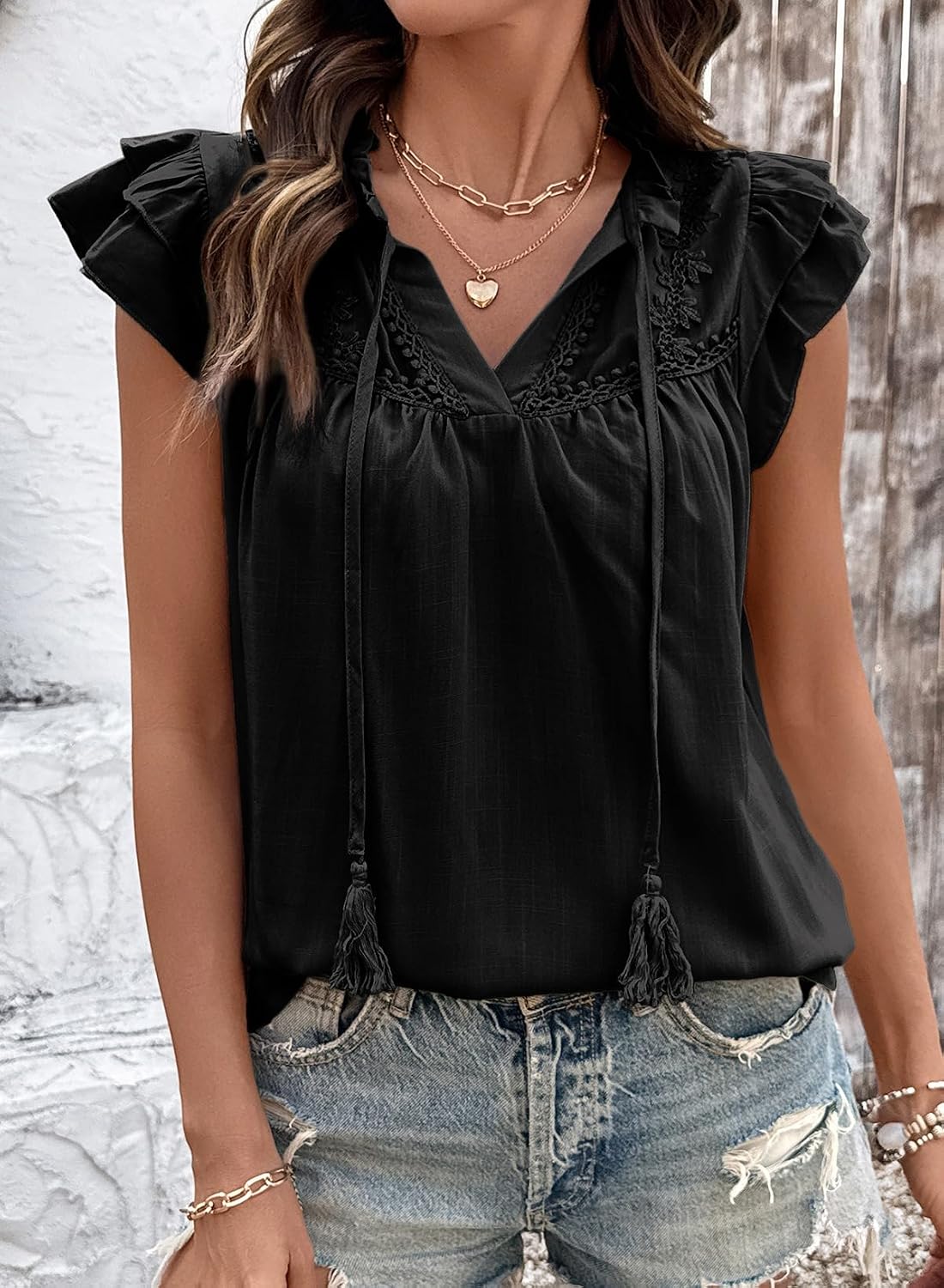Women's Lace Embroidery Tassel V Neck Blouse Black Women's Lace Embroidery Tassel V Neck Blouse Black