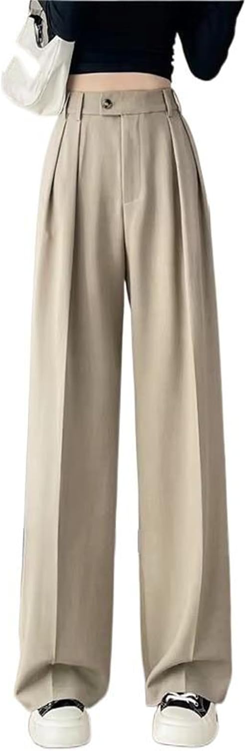Women's Elegant Straight Trousers Button Wide Leg Pants with Pockets Spring Summer