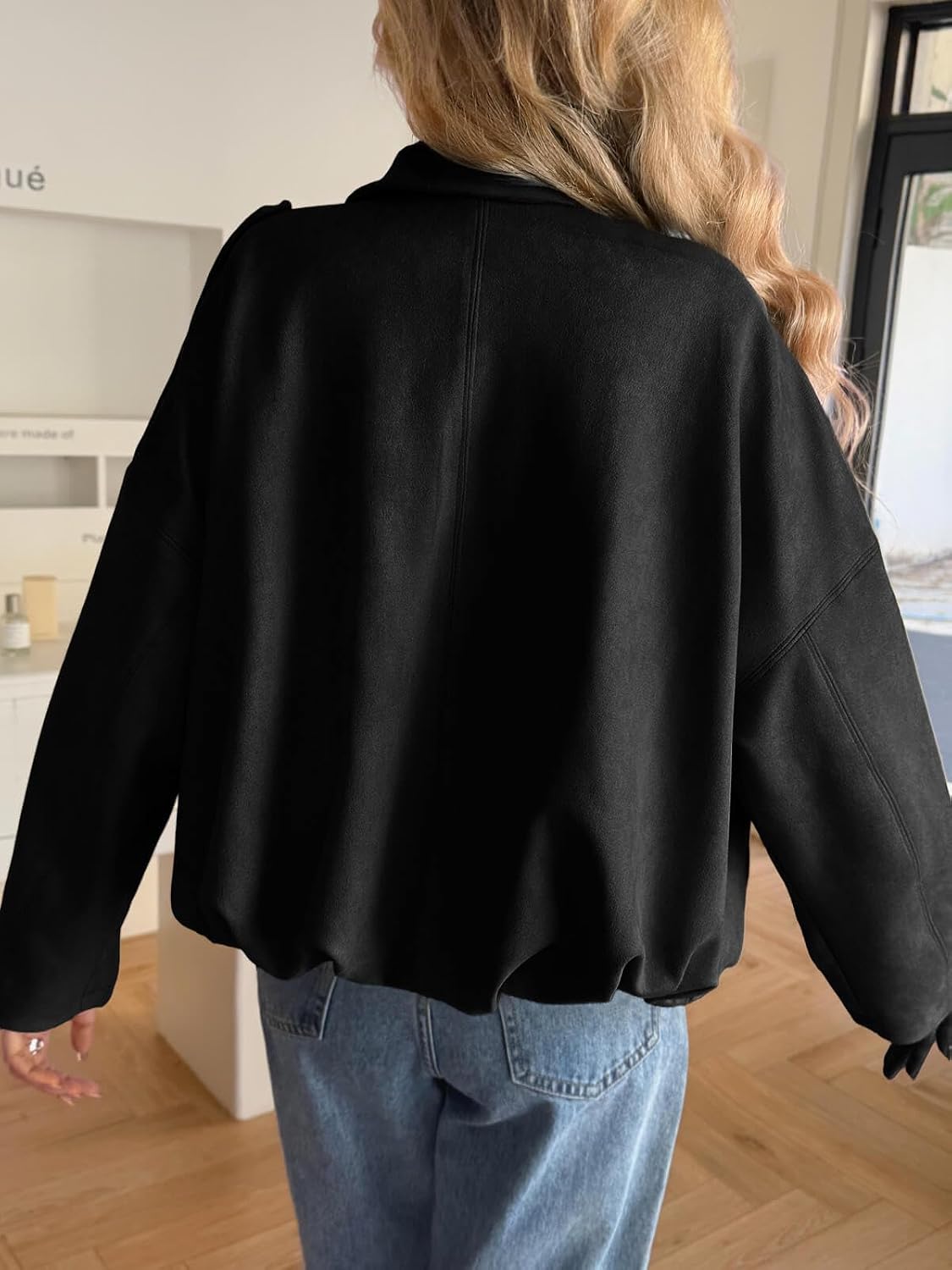 Womens Faux Suede Bomber Jackets Oversized Cropped Zip Up Lapel Coats Fall Casual Outerwears