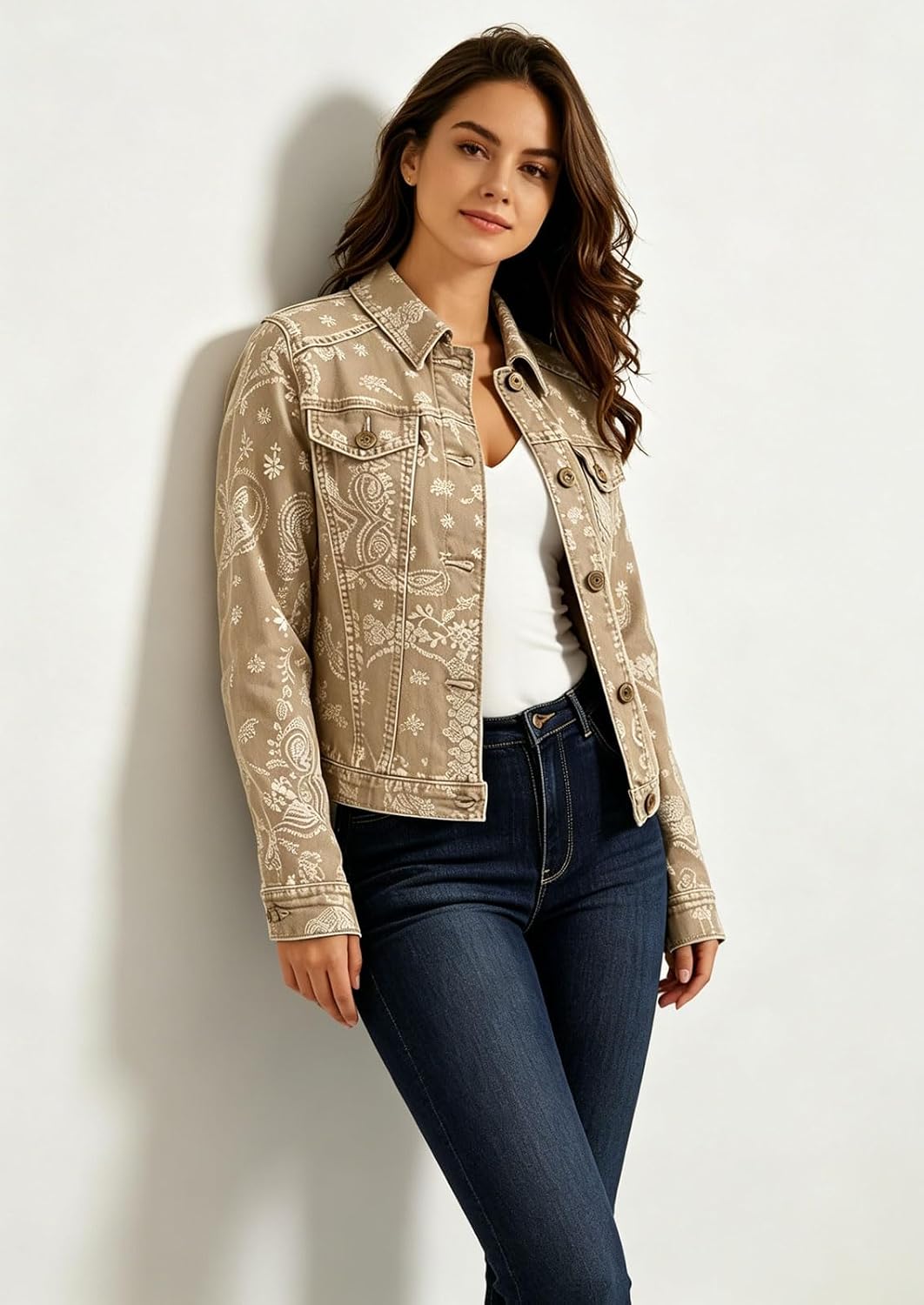 Women Floral Print Jean Jacket Button Down Denim Long Sleeves Boyfriend Baggy Trucker Coat Shacket Retro