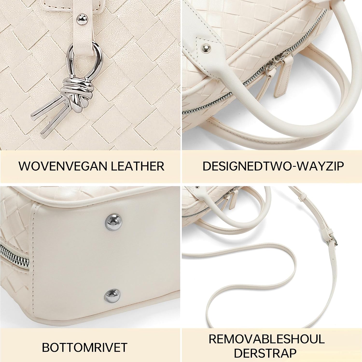 Women's Woven Vegan Leather Top-Handle Boston Bag, Cream
