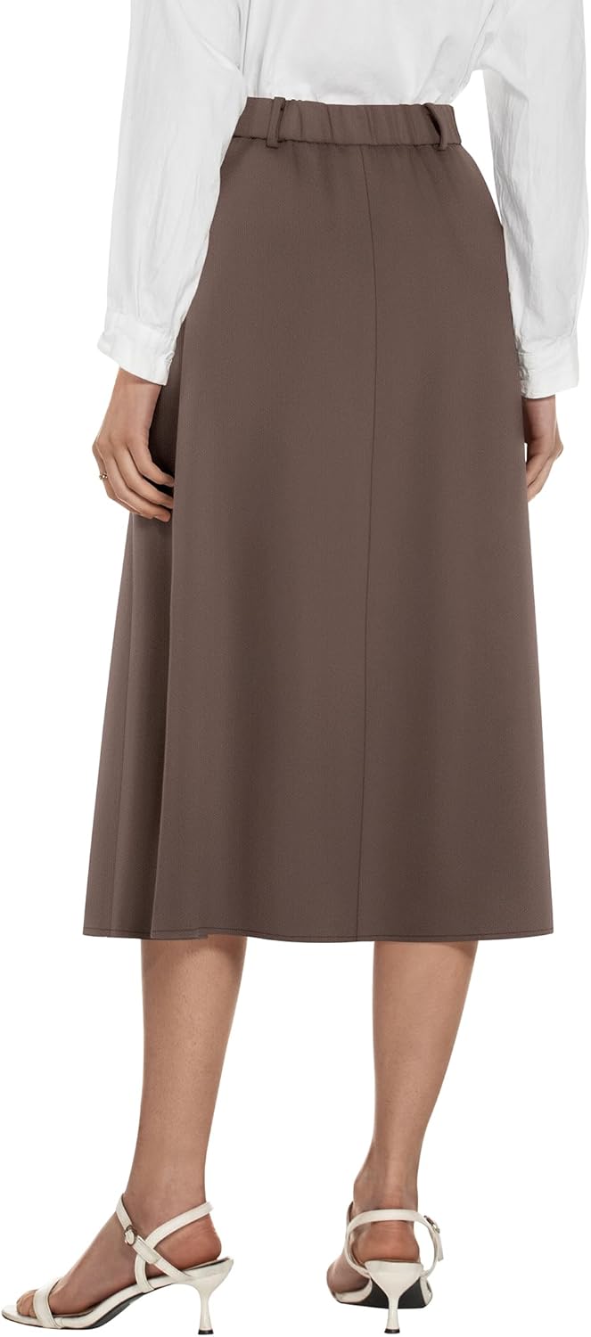 Women's High Waisted Midi Skirts Summer Business Skirt Flare Work A Line Pleated with Pockets