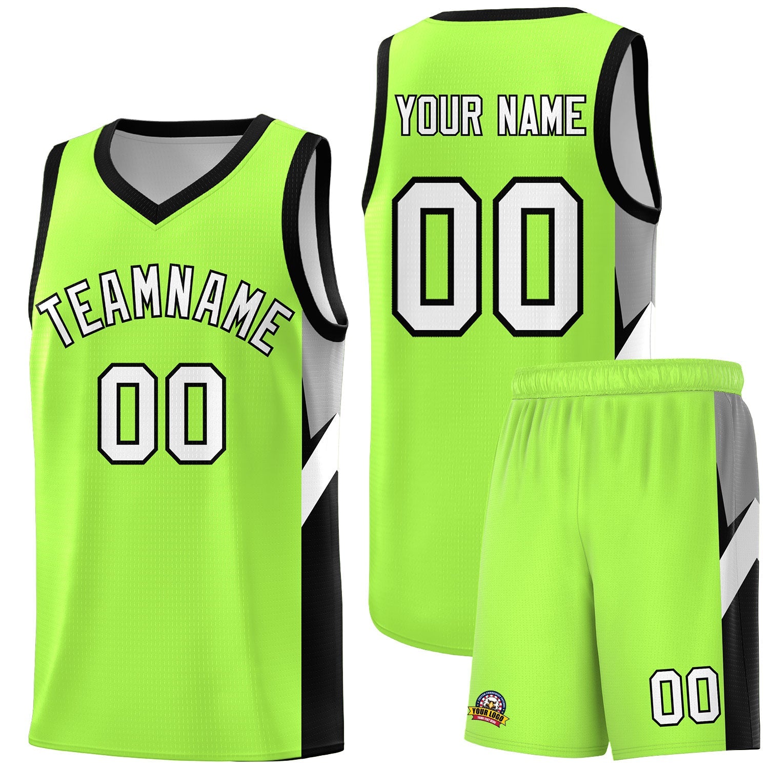 Benutzerdefinierte fluoreszierende grün-schwarze Seitendesign-Sets für Sportuniform-Basketballtrikots