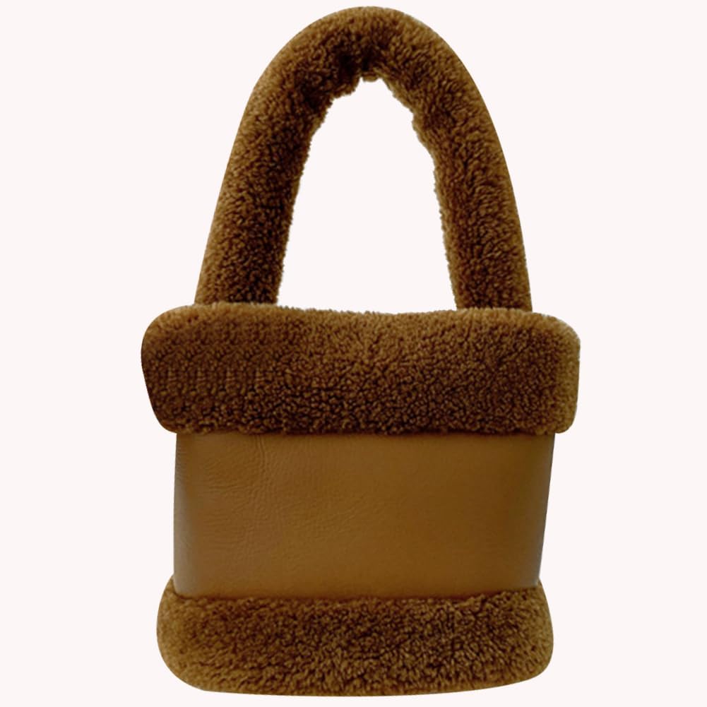 Women's Plush Teddy Top-Handle Bucket Bag, Brown