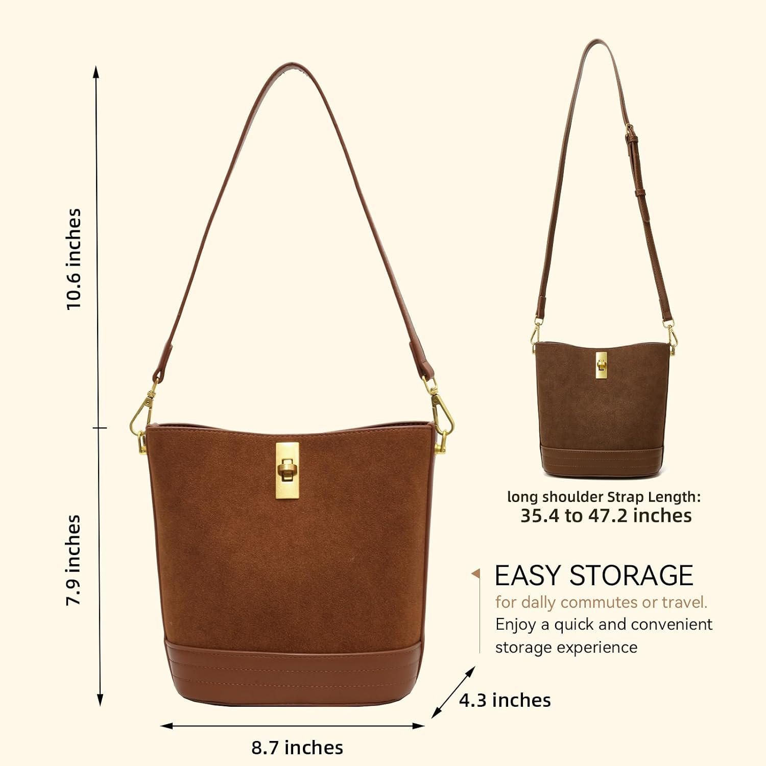 Women's Faux Suede Bucket Bag with Gold Lock Brown Women's Faux Suede Bucket Bag with Gold Lock Brown