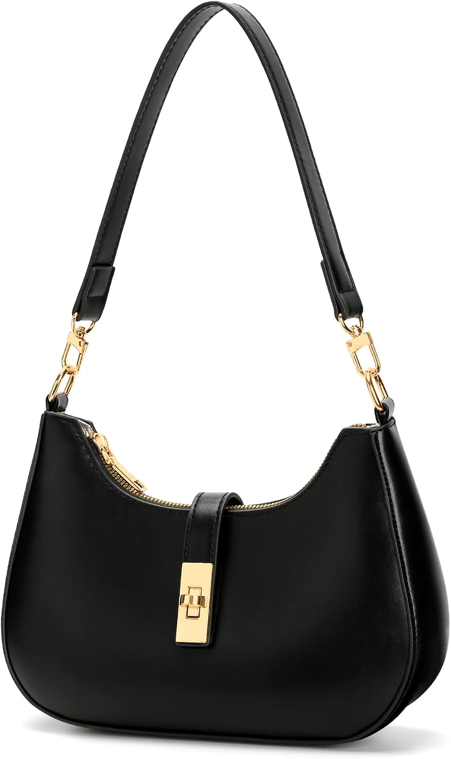 Women's Black PU Hobo Shoulder Bag Gold Clasp