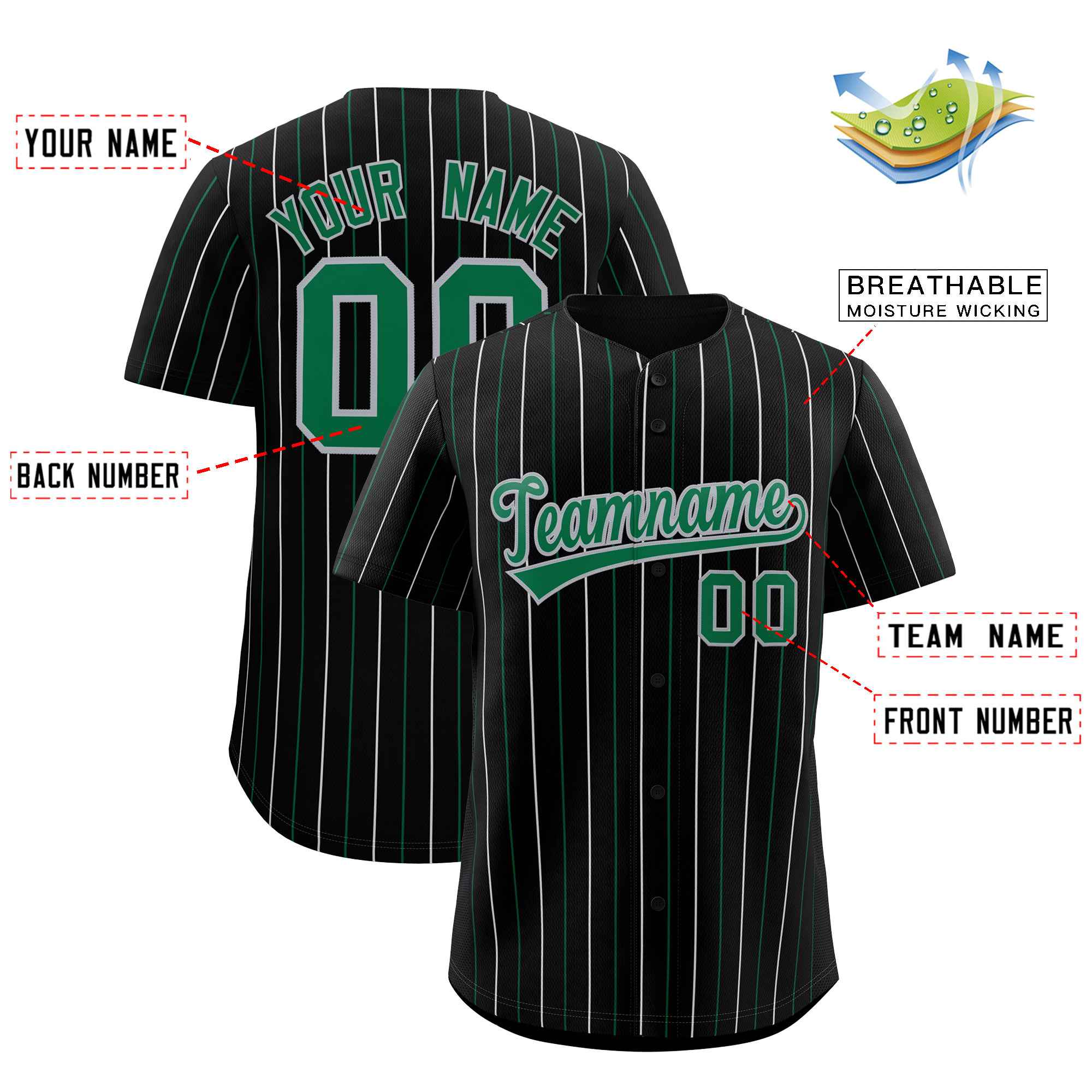 Benutzerdefiniertes, modisches, authentisches Baseball-Trikot mit zweifarbigen Streifen in Schwarz, Kelly-Grün und Grau