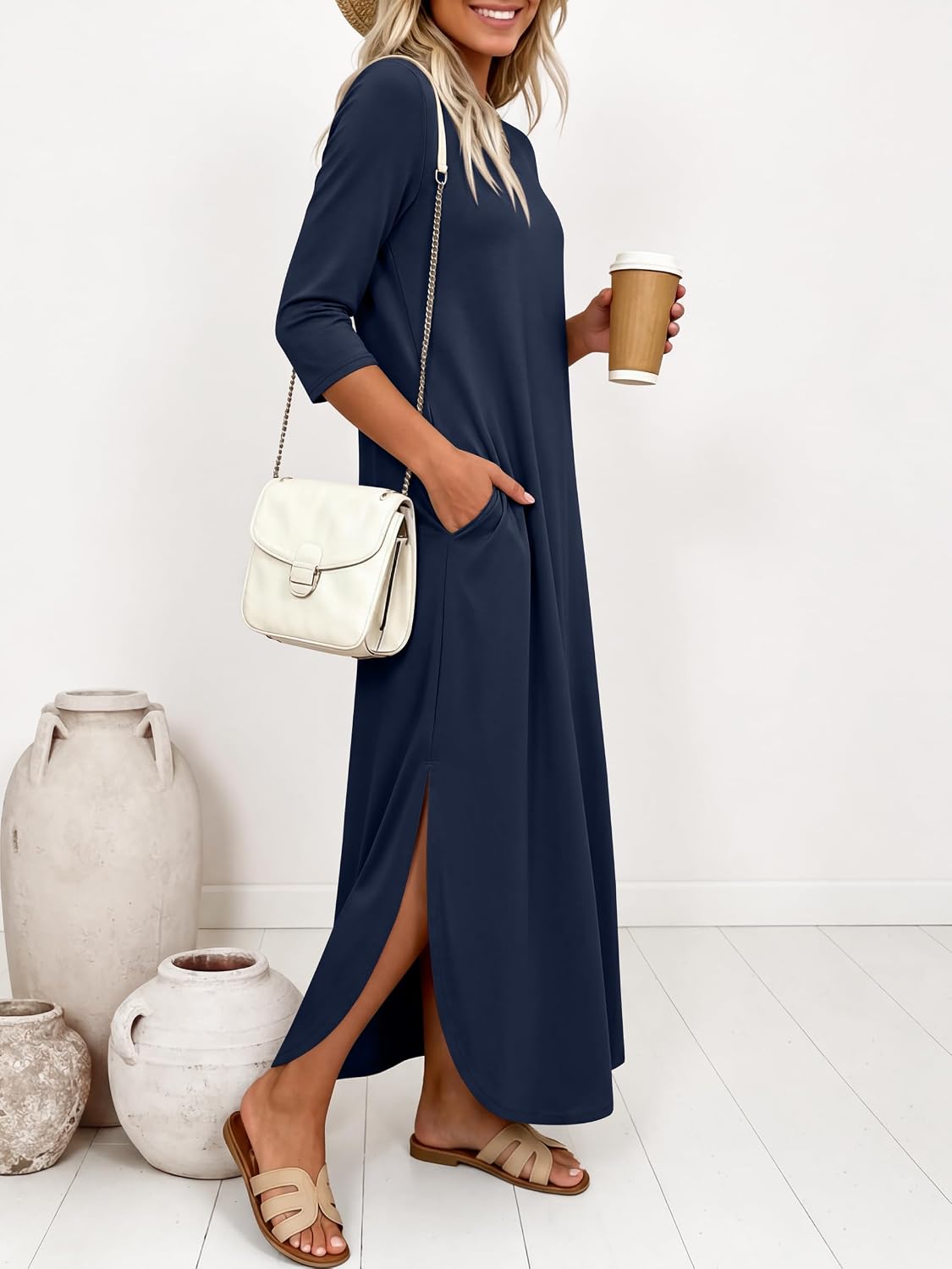 Women\u2019s 3-Quarter Sleeve Maxi Dress Pockets Soft Wrinkle Resistance Fabric Casual Loose Crewneck Split Travel Vacation Work All-Day Wear Fall Spring Transition Outfits