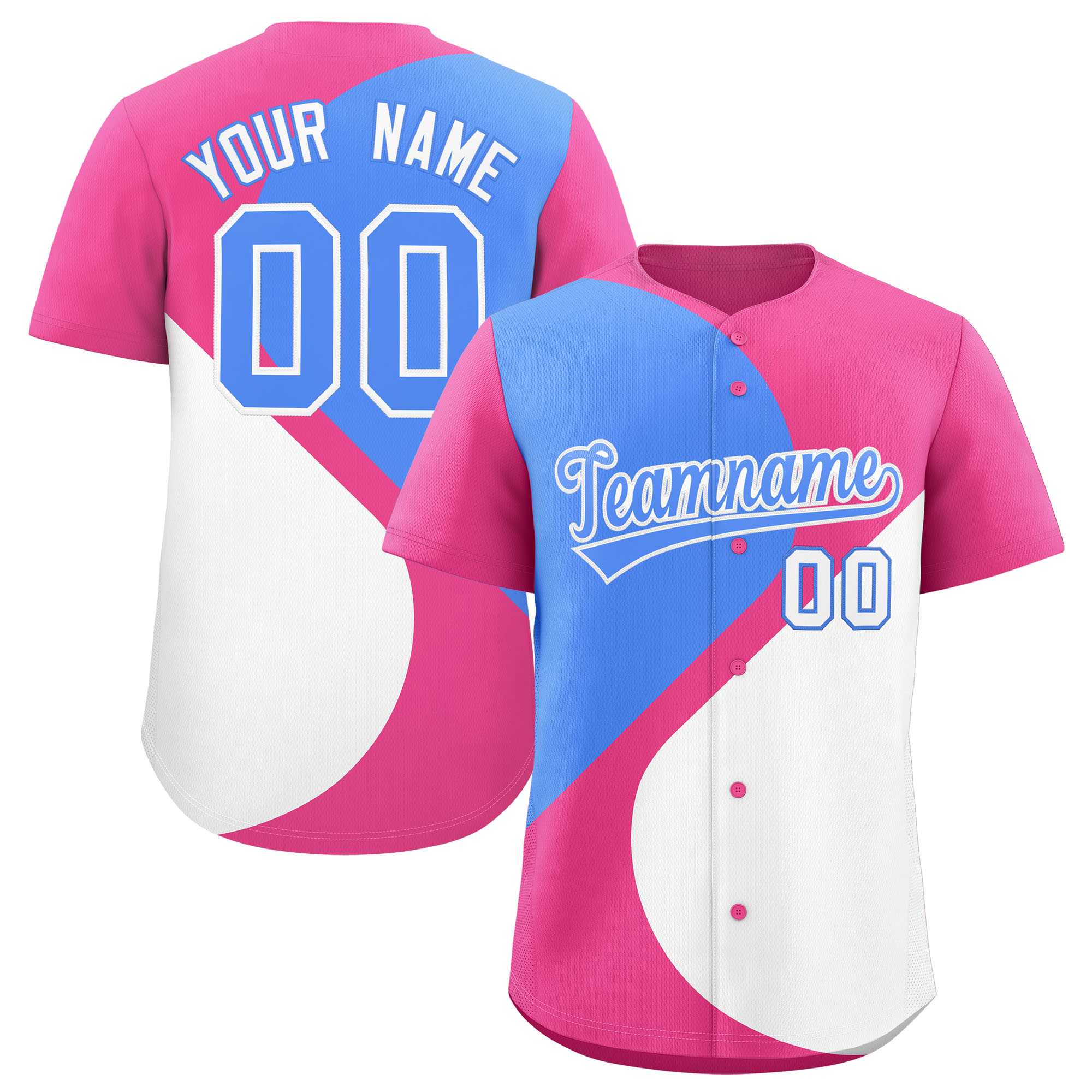 Benutzerdefiniertes authentisches Baseball-Trikot mit rosa puderblau-weißem Farbblock, personalisiertem Halbherzmuster