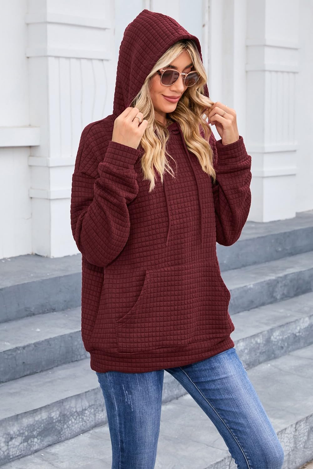 Womens Hoodies Casual Drawstring Waffle Pullover Tops Hooded Sweatshirt with Pocket