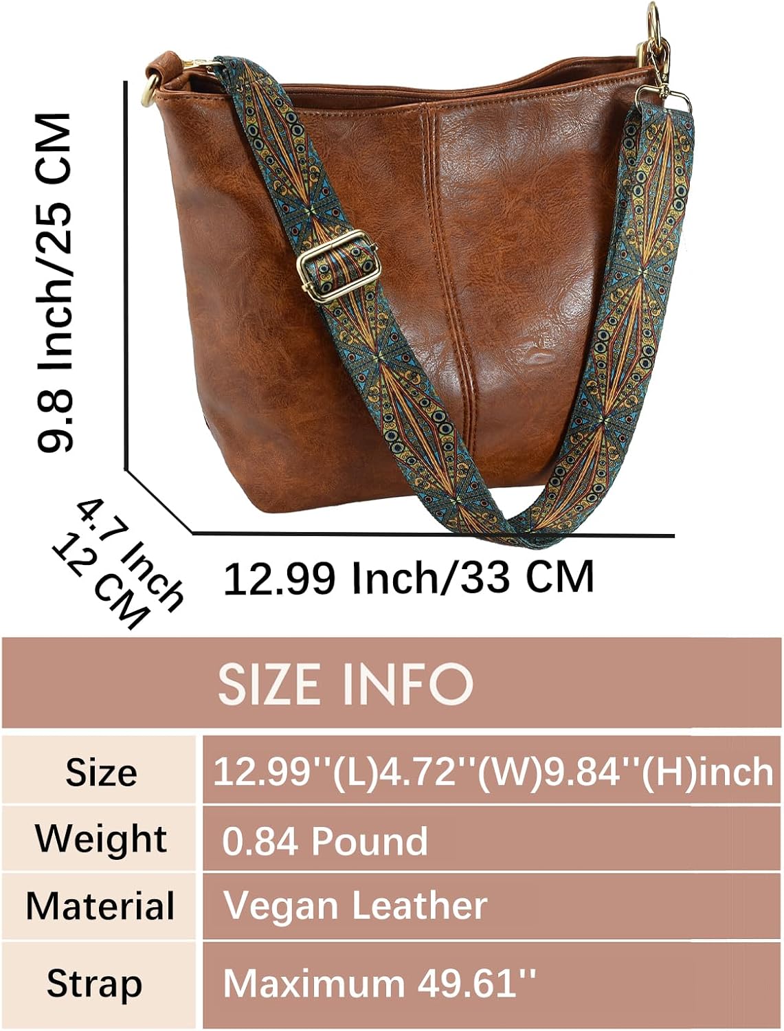 Women's Brown Hobo Crossbody Bag with Boho Guitar Strap
