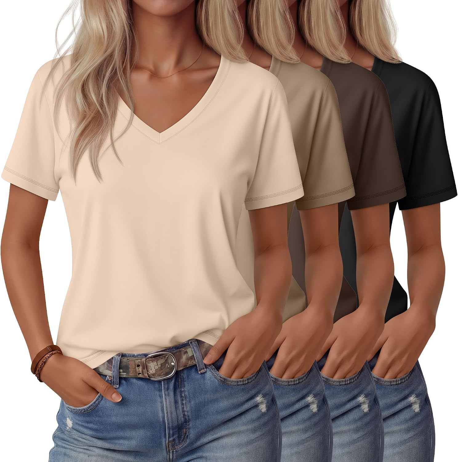 Women's 4 Pack Short Sleeve V Neck T-Shirts