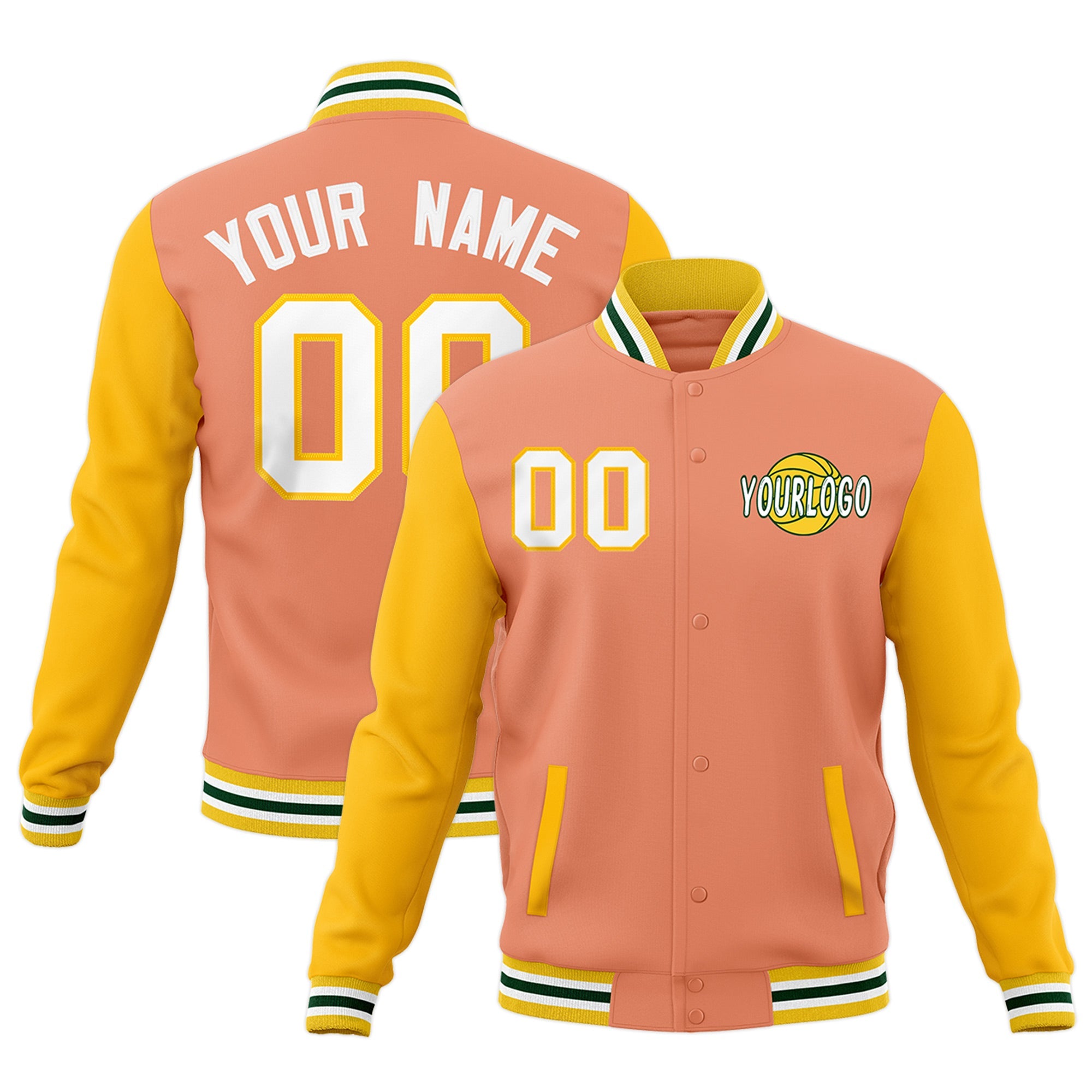 Custom Light Orange Gold White Raglan Sleeves Classic Style Letterman Cotton Fabric Jacket