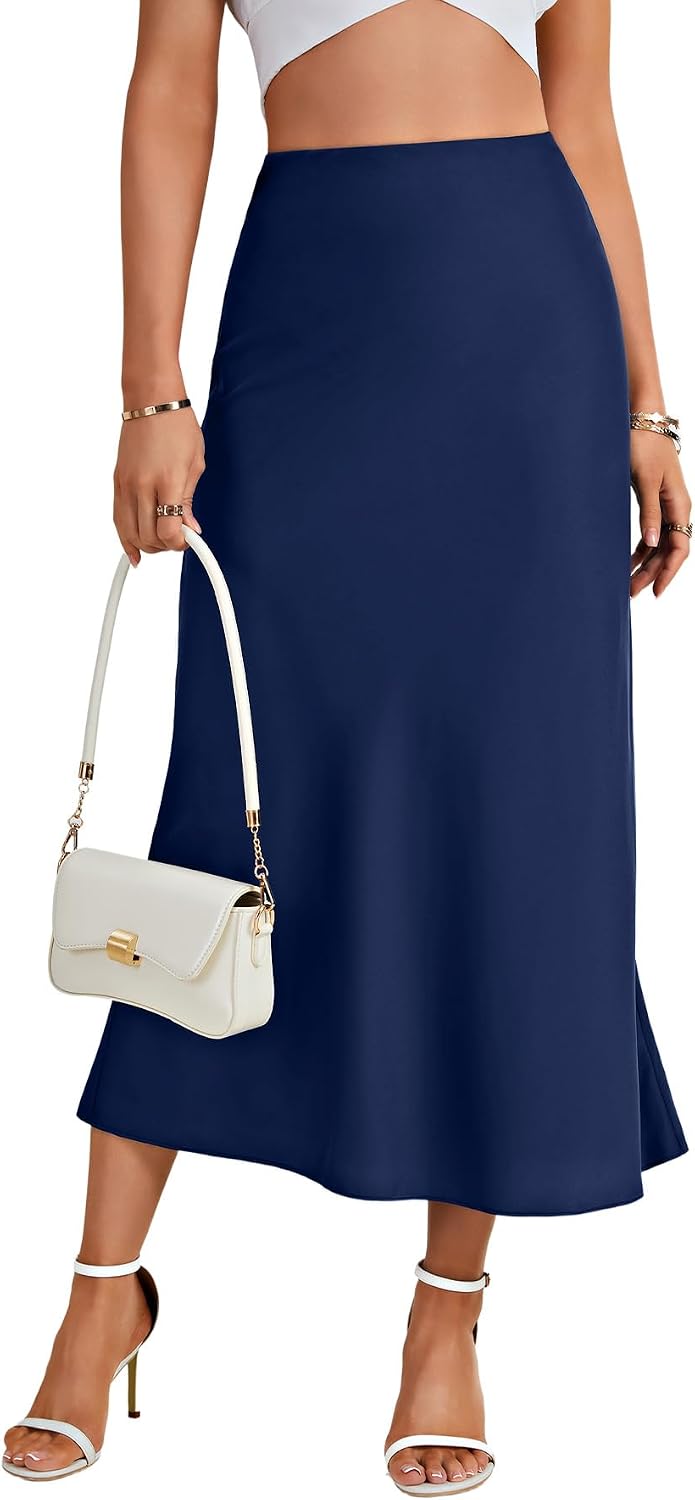 Women's Satin Silky Midi Skirt Elastic Waist Navy