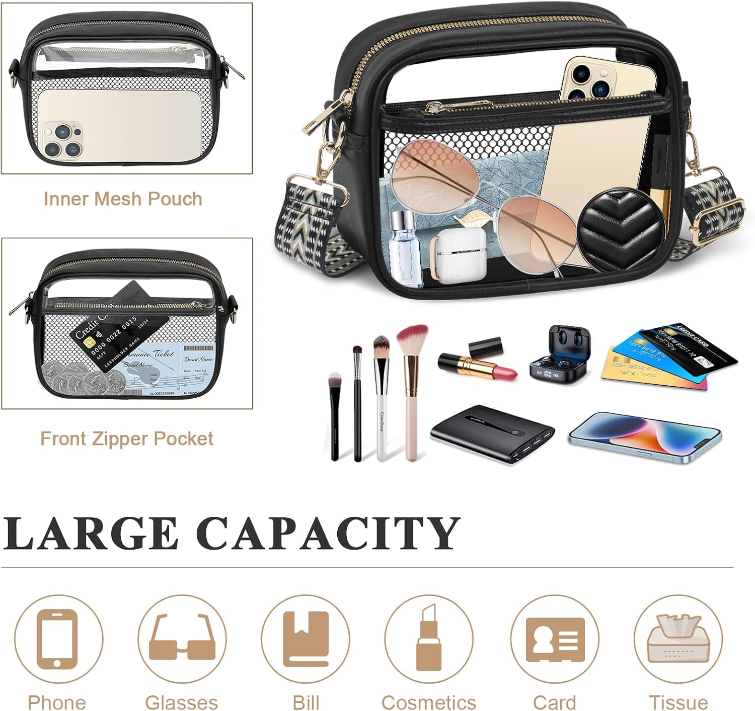 Women's Clear Crossbody Bag Stadium Approved TPU Purse Black