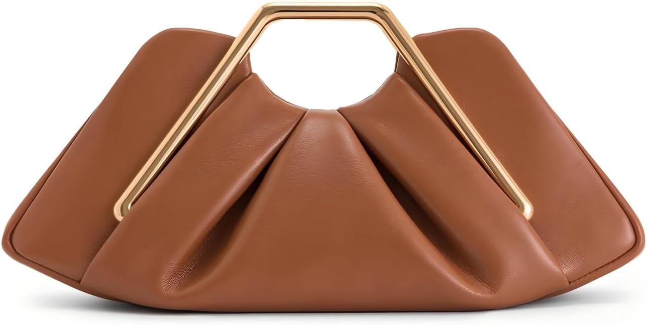 Women's Brown Ruched Dumpling Clutch with Gold Metal Handle