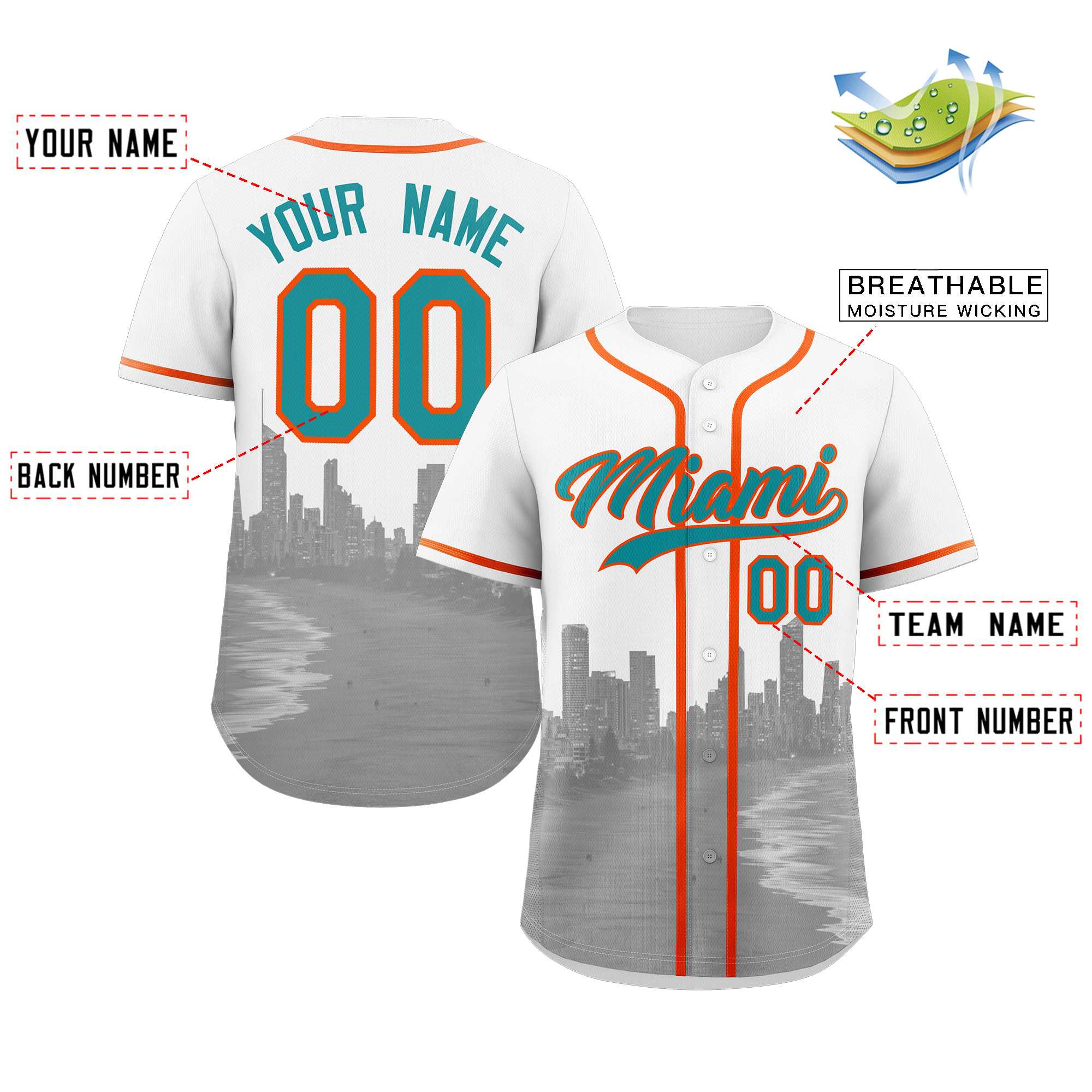 Benutzerdefiniertes Miami City Skyline Baseball-Trikot Benutzerdefiniertes Miami City Skyline Baseball-Trikot