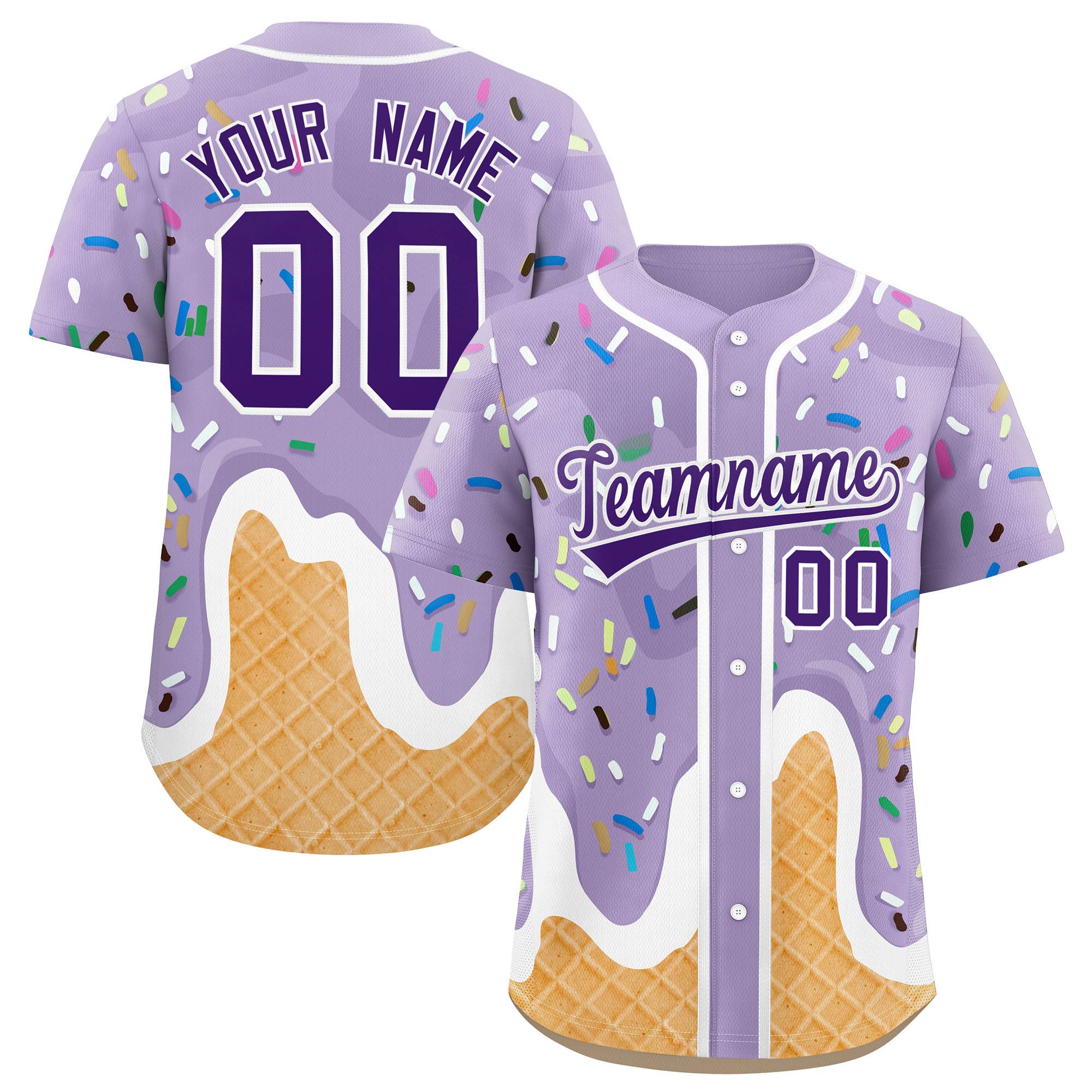 Benutzerdefiniertes hellviolettes Eistüte-Graffiti-Muster, modisches, authentisches Baseball-Trikot