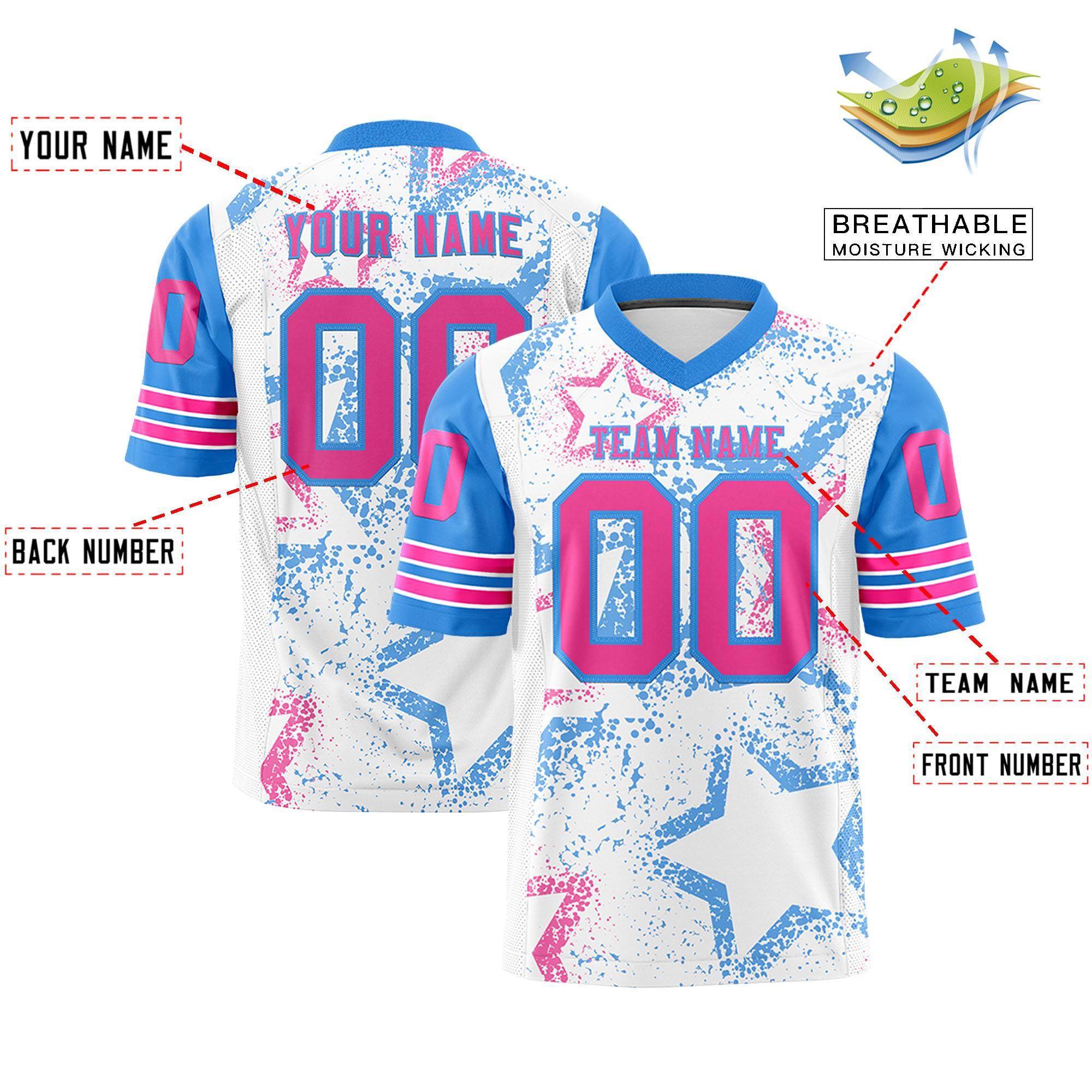 Benutzerdefiniertes weißes Puderblau-Rosa, personalisiertes Sternmuster-Design, authentisches Fußballtrikot