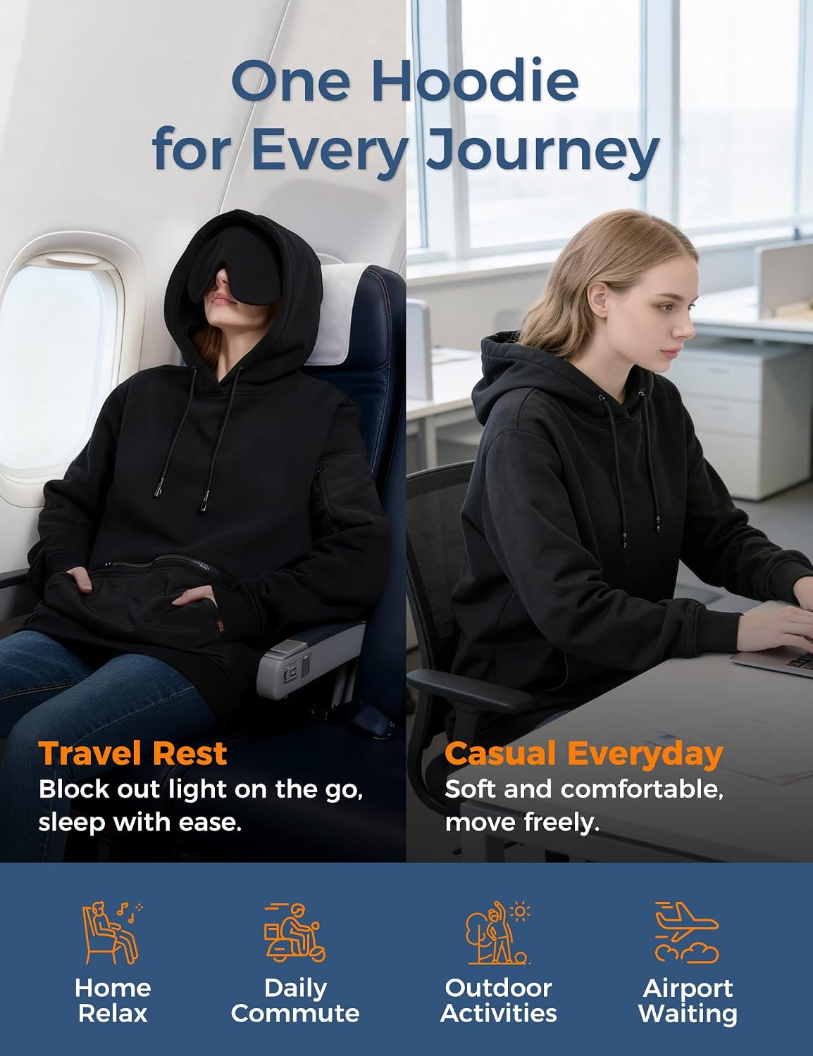 Travel Hoodie with Built-In Eye Mask for Airplane Breathable Comfort Pullover Sweatshirt Multiple Pockets Travel Hoodie with Built-In Eye Mask for Airplane Breathable Comfort Pullover Sweatshirt Multiple Pockets