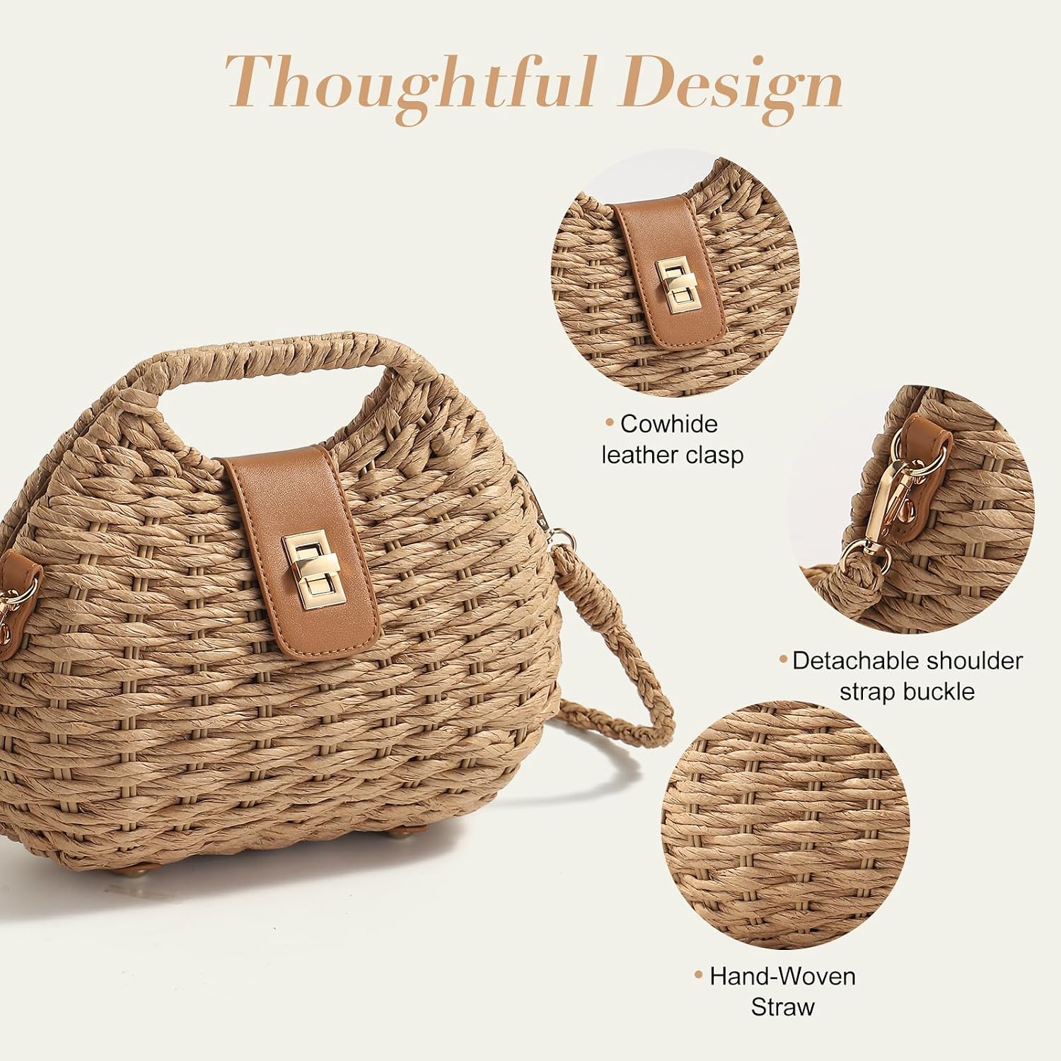 Women's Straw Woven Crossbody Bag with Turn Lock Closure